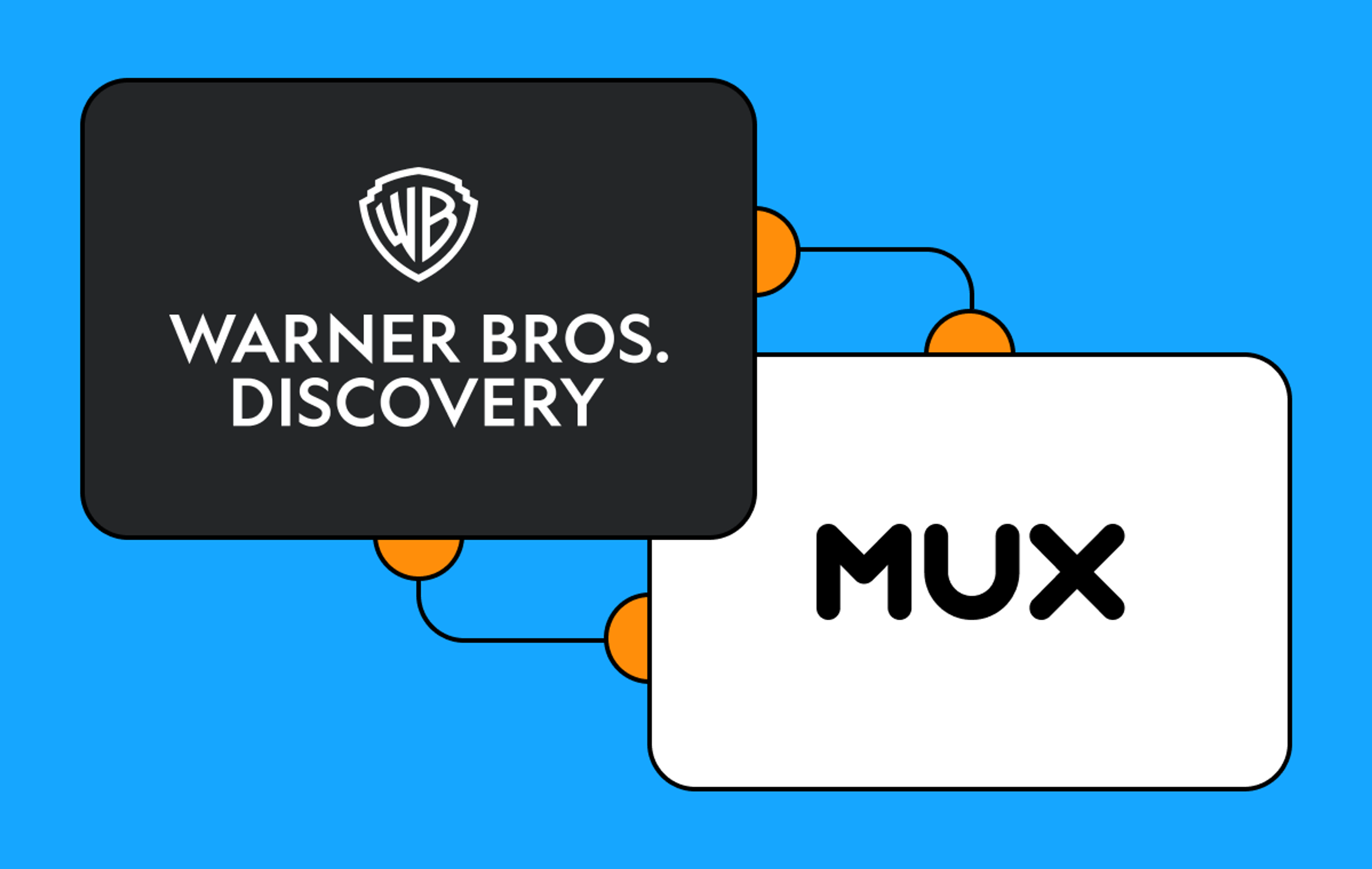On a blue background, a box with a black background featuring the Warner Bros. Discovery logo connected to a box with a white background featuring the Mux logo connected by 2 lines