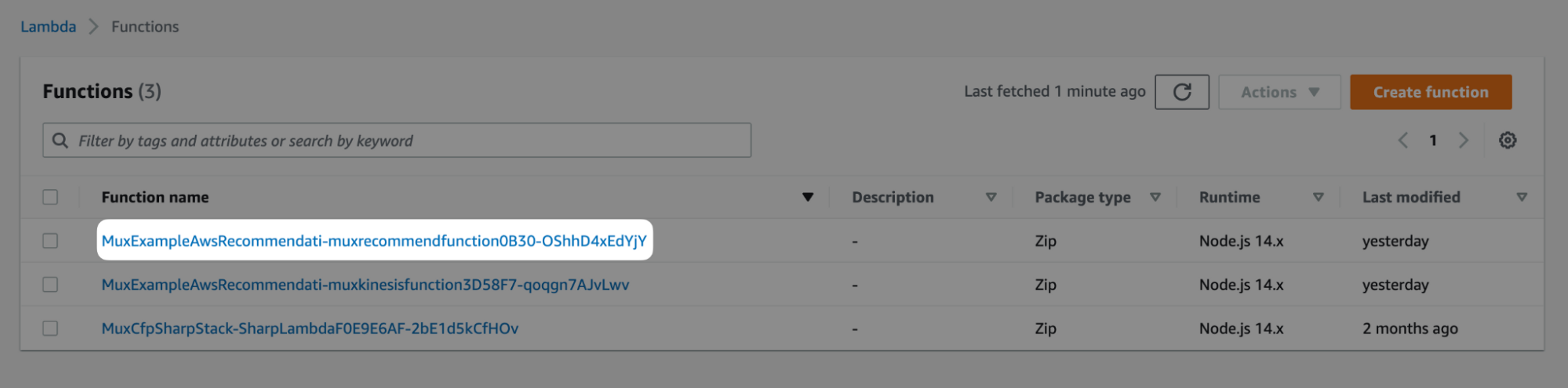 A screenshot of the AWS Lambda dashboard showing a highlighted function name