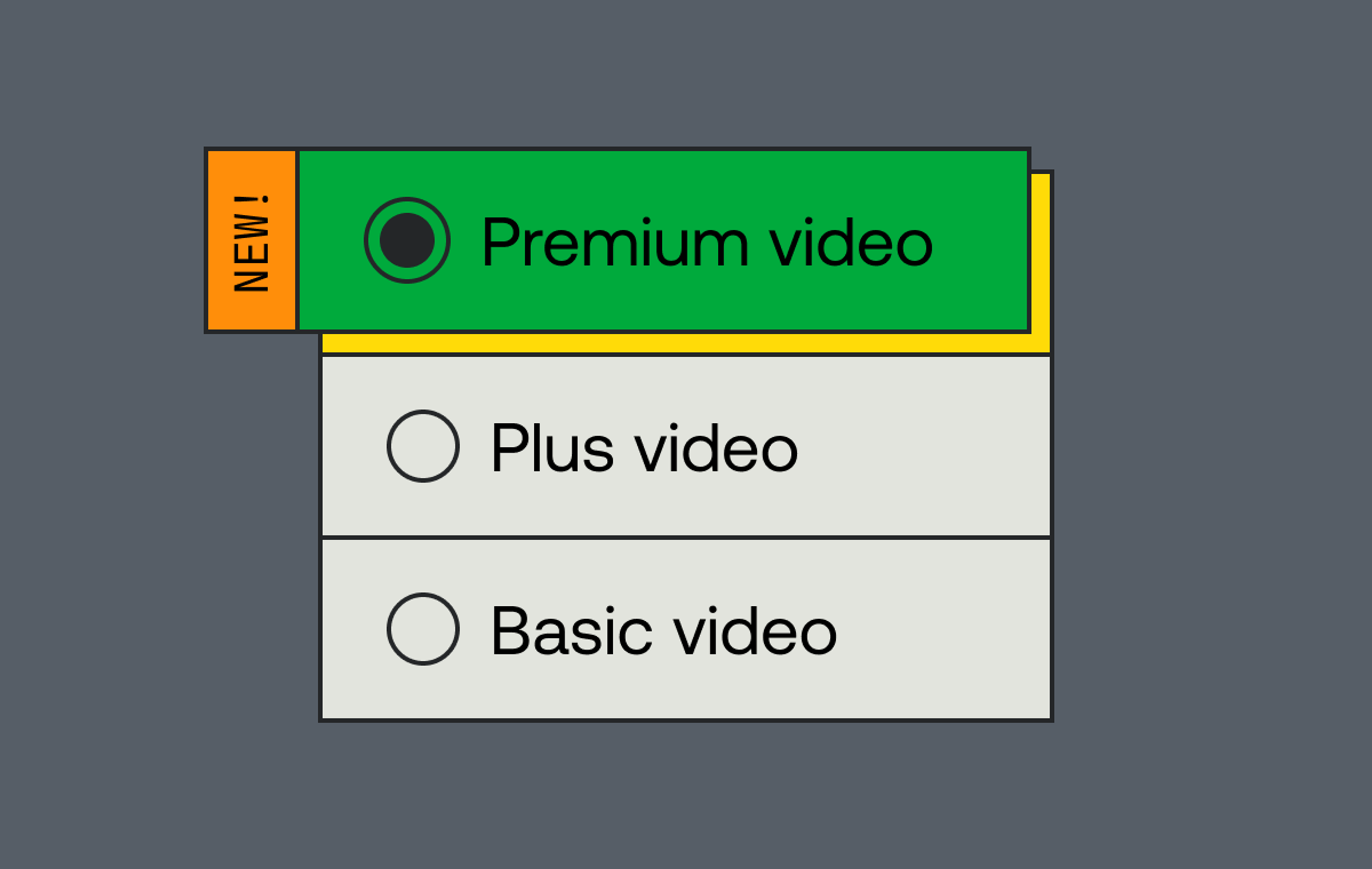 Radio buttons with Premium video, plus video, and basic video. Premium is selected with with the text NEW! next to it. 