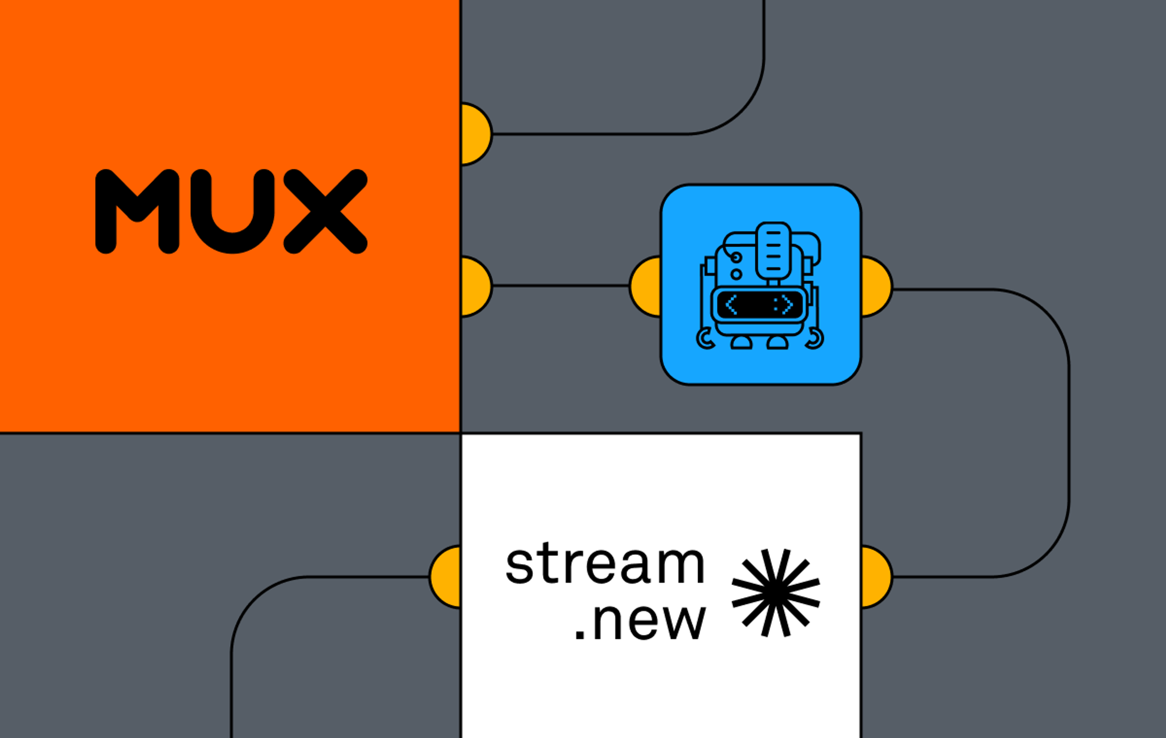 The Mux logo, a small cute blue drawing of a robots, and the Stream.new logo