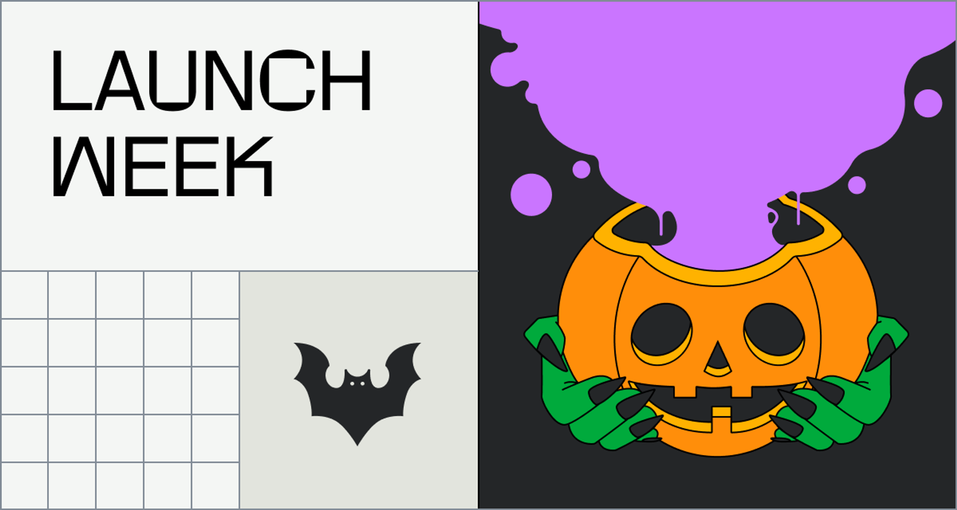 A promo image for Mux fall launch week 2024. It features a jack-o-lantern with a purple steam rising from its cap. A pair of green hands with long black fingernails cups the pumpkin in their palms. A spooky bat flies nearby.