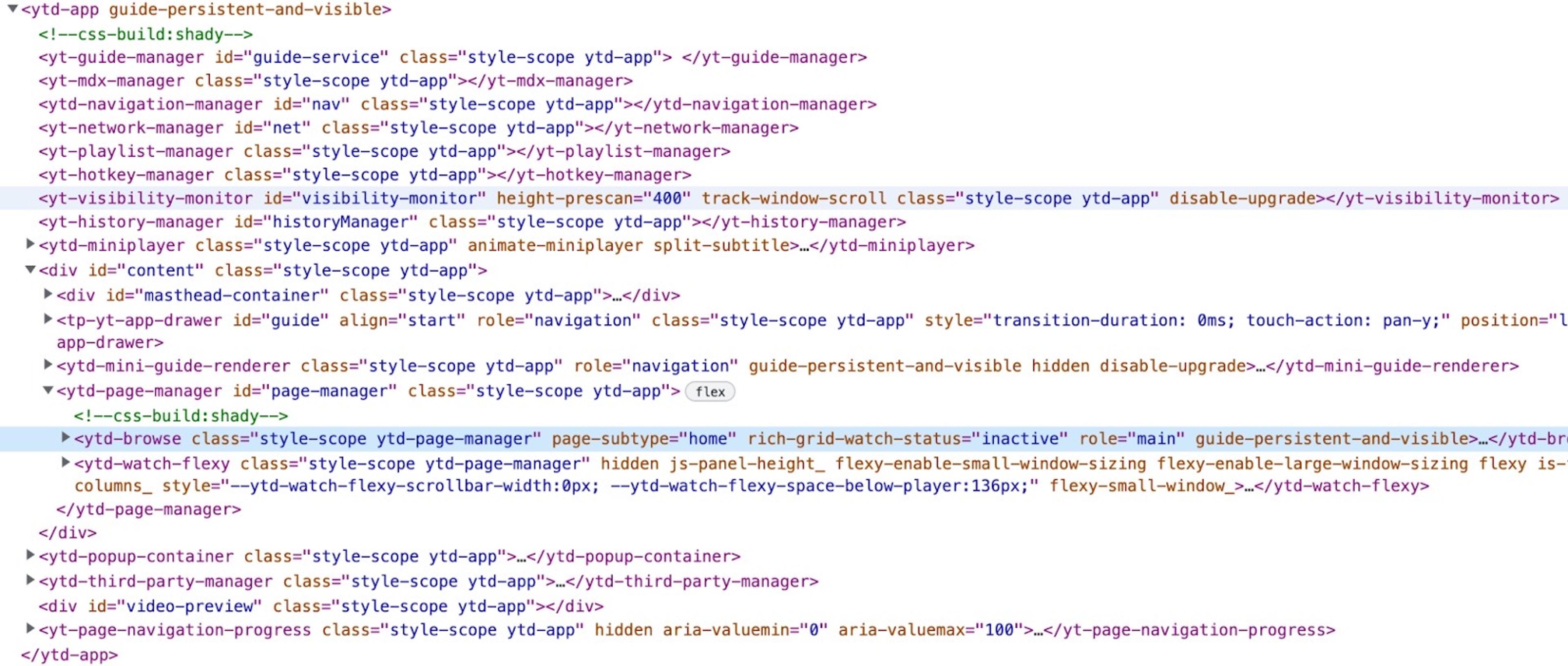 YouTube's HTML DOM structure showing custom HTML.