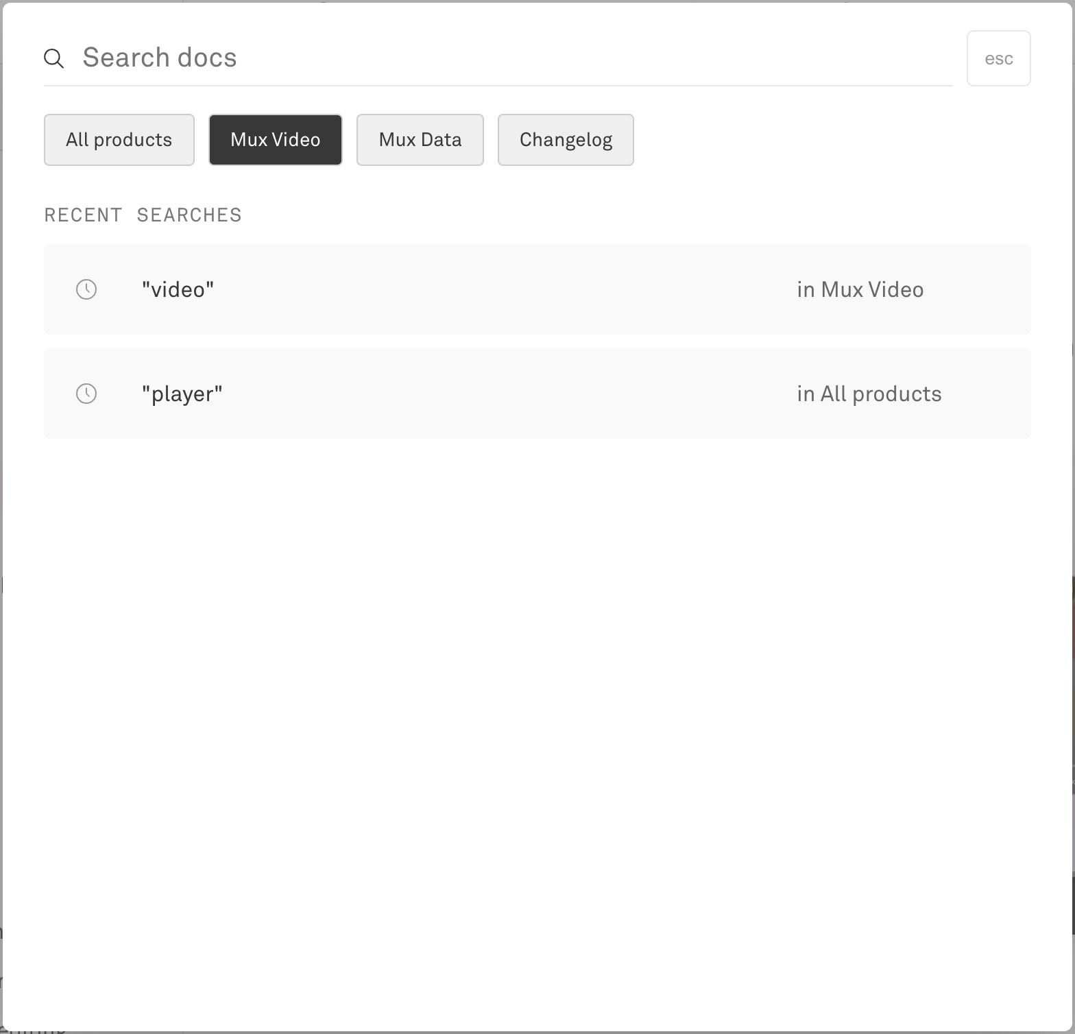 A screenshot of the old Mux docs search area. It offered relatively basic search capabilities, allowing you to choose which product docs you wanted to search within. It also kept track of recent search terms. Not terrible, but definitely could be better.
