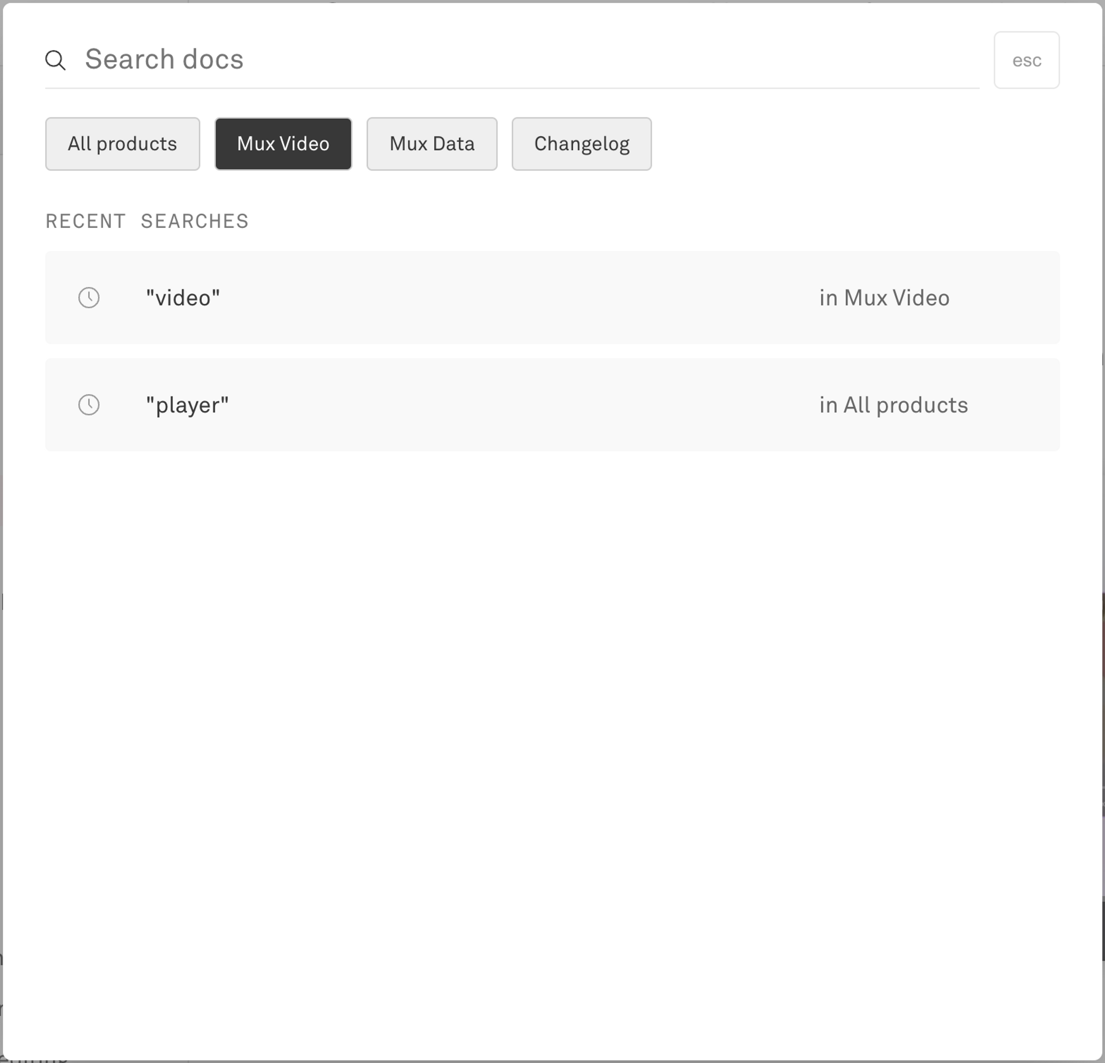 A screenshot of the old Mux docs search area. It offered relatively basic search capabilities, allowing you to choose which product docs you wanted to search within. It also kept track of recent search terms. Not terrible, but definitely could be better.
