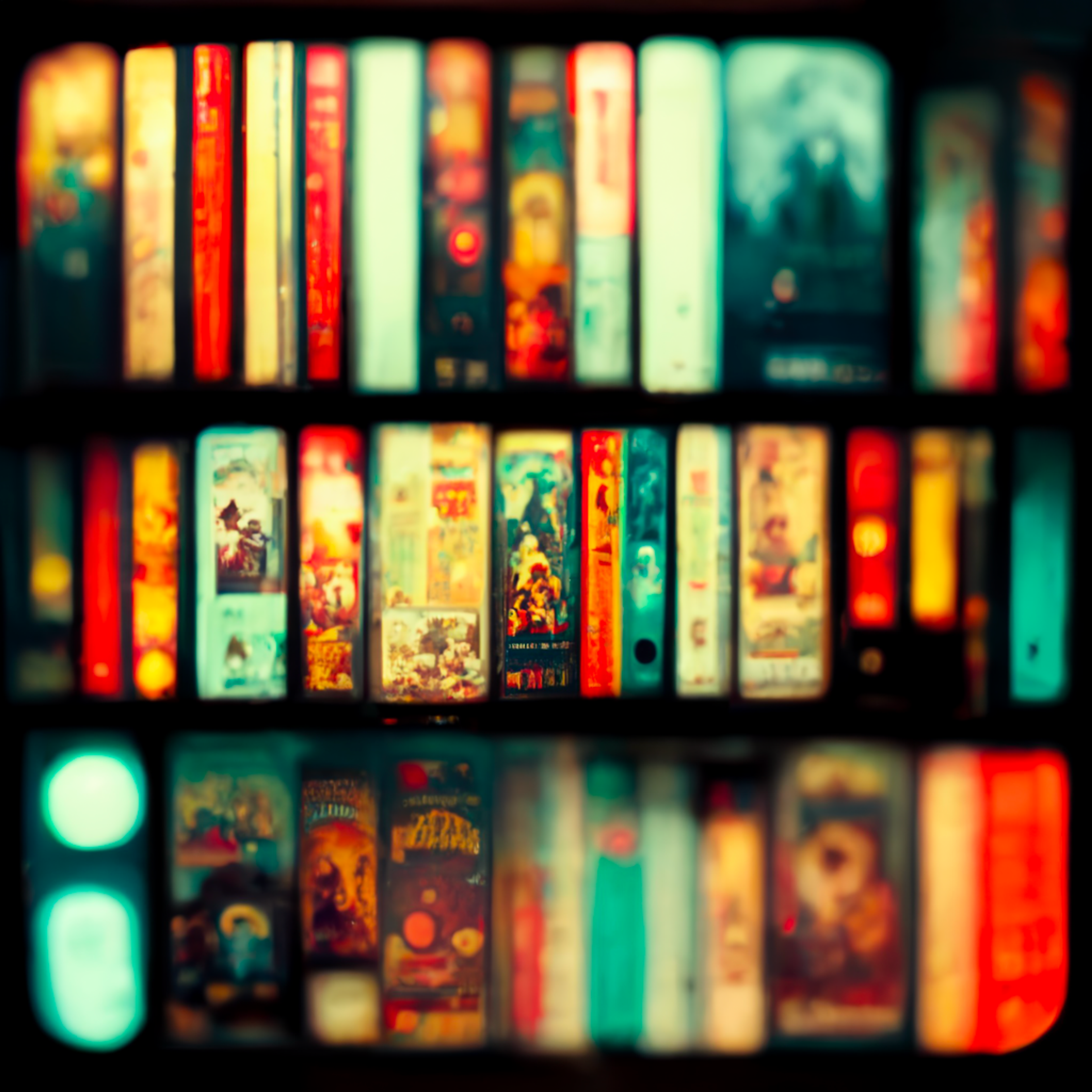 A blurry photo of shelves holding many different VHS boxes