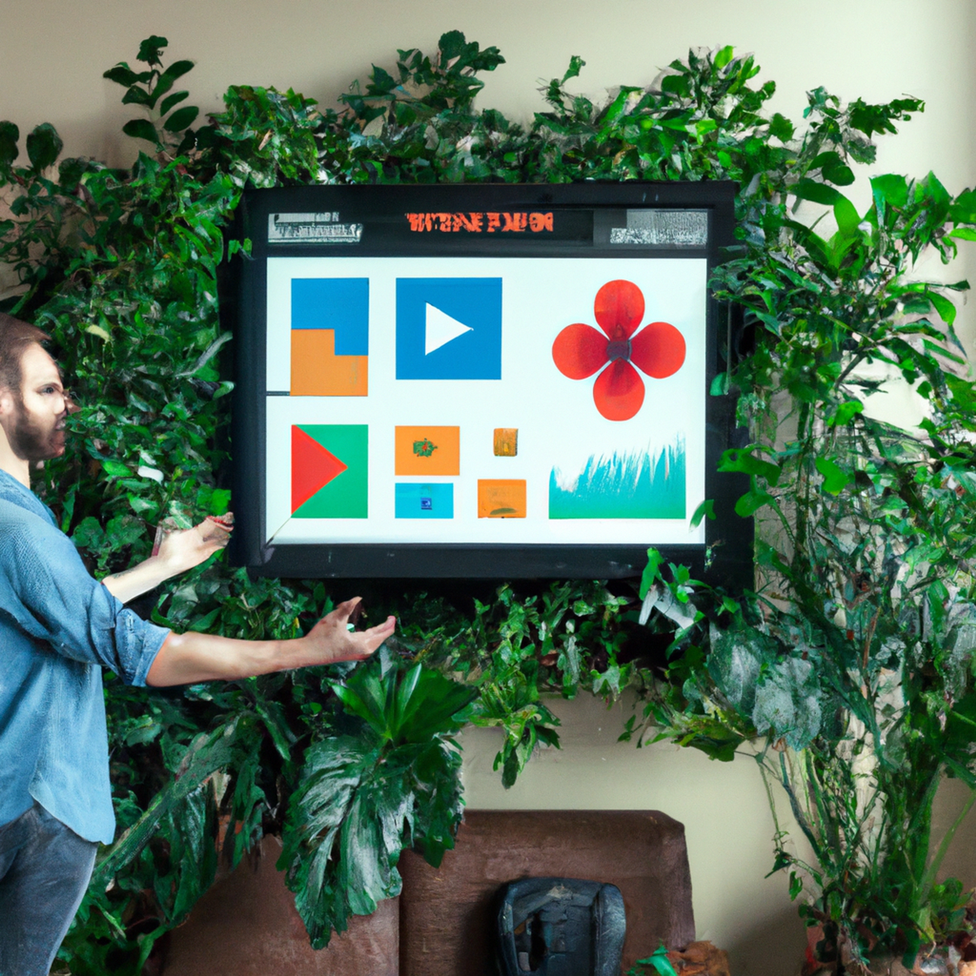 An AI-generated image of a white man working on a computer. He sits in a well-lit office surrounded by green plants. The details are smudged, it's clearly not a real photo.