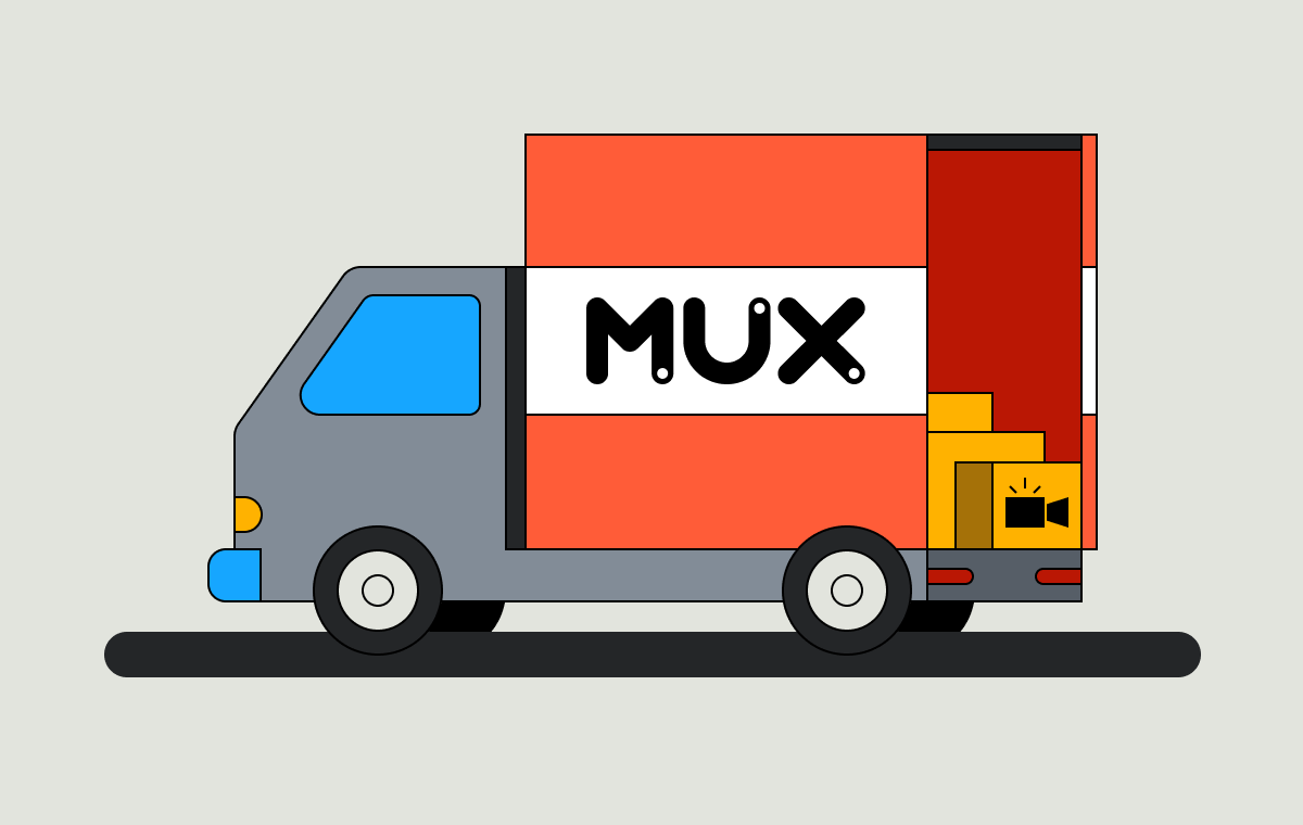 This image shows a delivery van, primarily gray, with a large side panel in orange and white, displaying the Mux logo. The back of the van is open, revealing boxes inside. Don't forget to close the door before you leave! The van is stationary on a simple gray road with a light gray background.