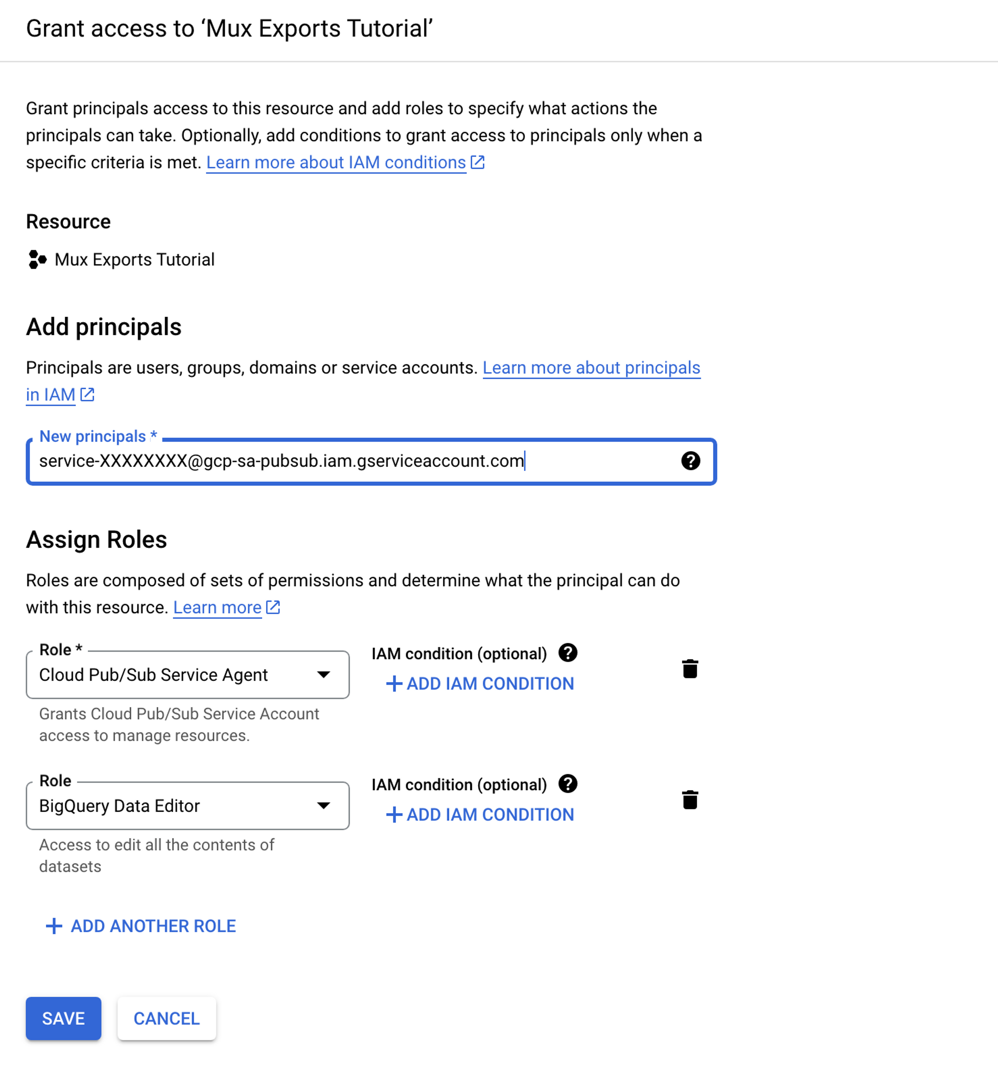 A screenshot showing the "Grant access" form prefilled using the values described above.