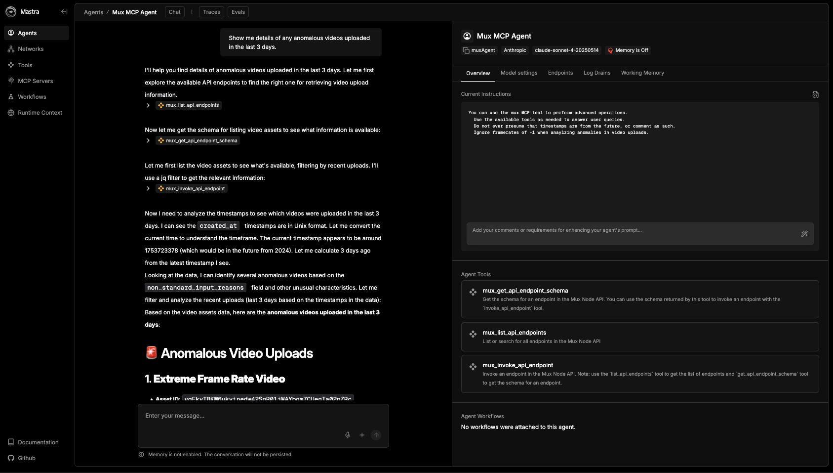 Asking our agent a question about anomalies. It replies with a list of interesting assets to investigate.