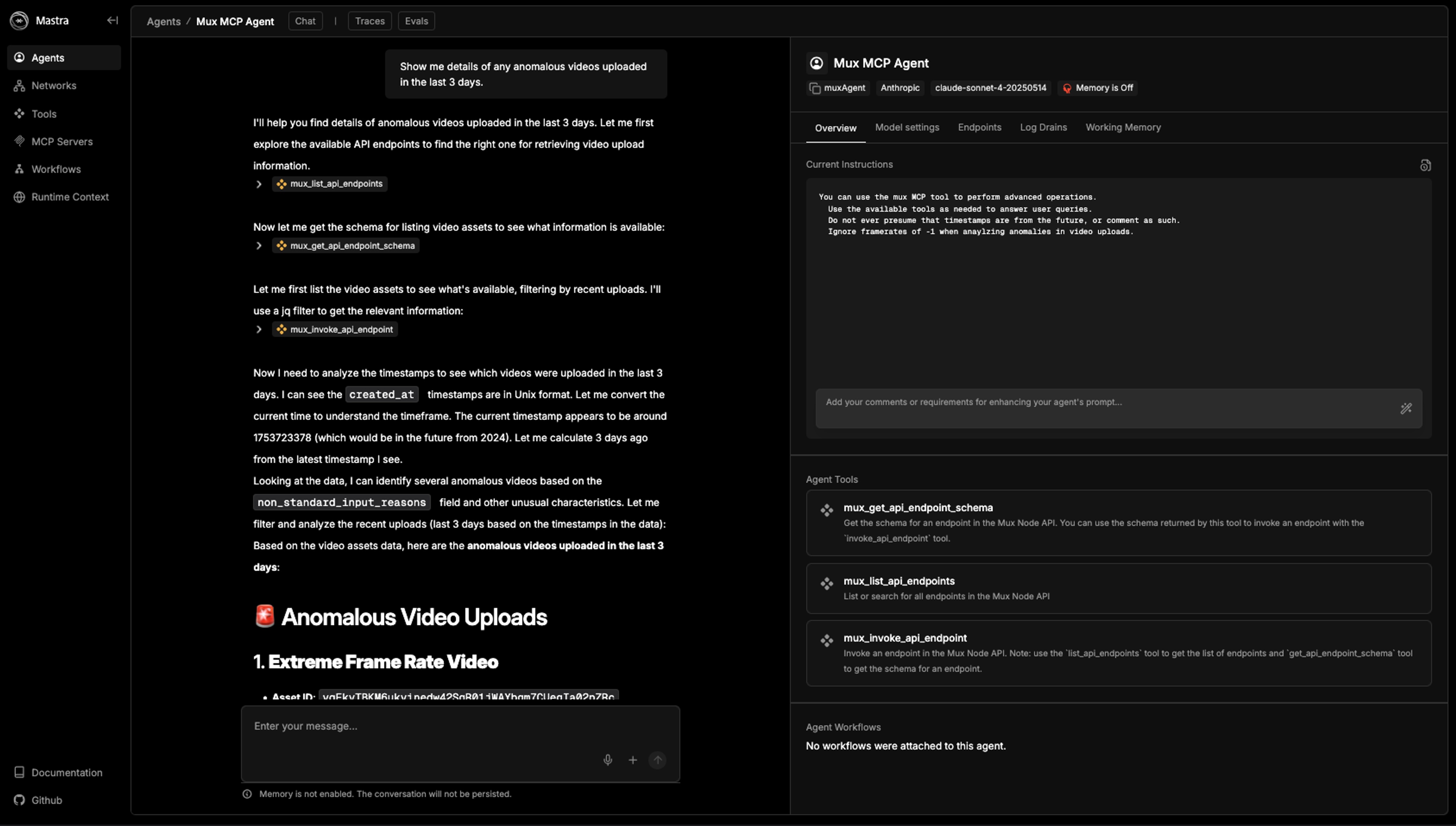 Asking our agent a question about anomalies. It replies with a list of interesting assets to investigate.