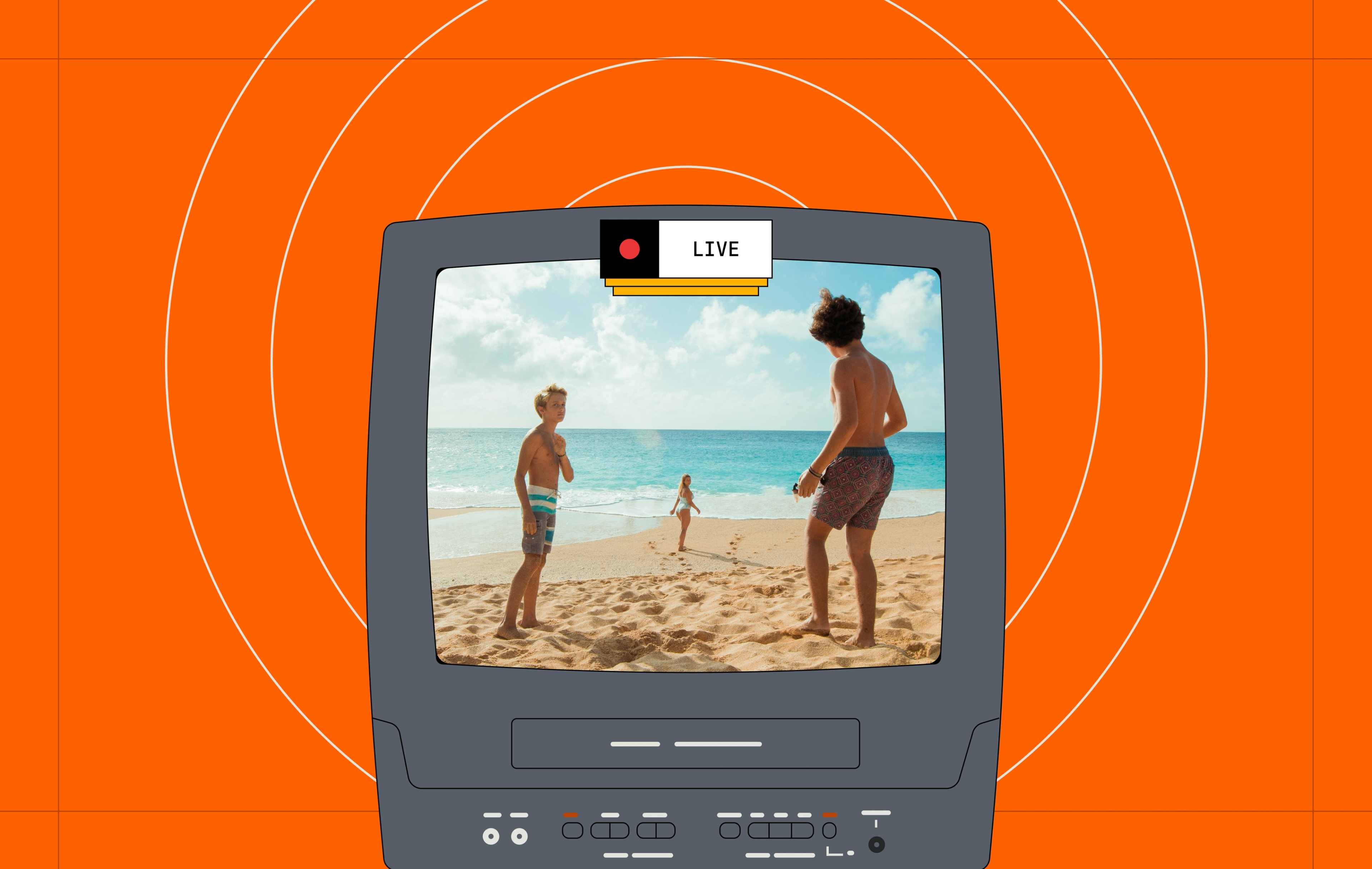 An illustration of a small screen television with a built-in VCR. A live indicator appears at the top of the screen. Radio waves emanate in the background.