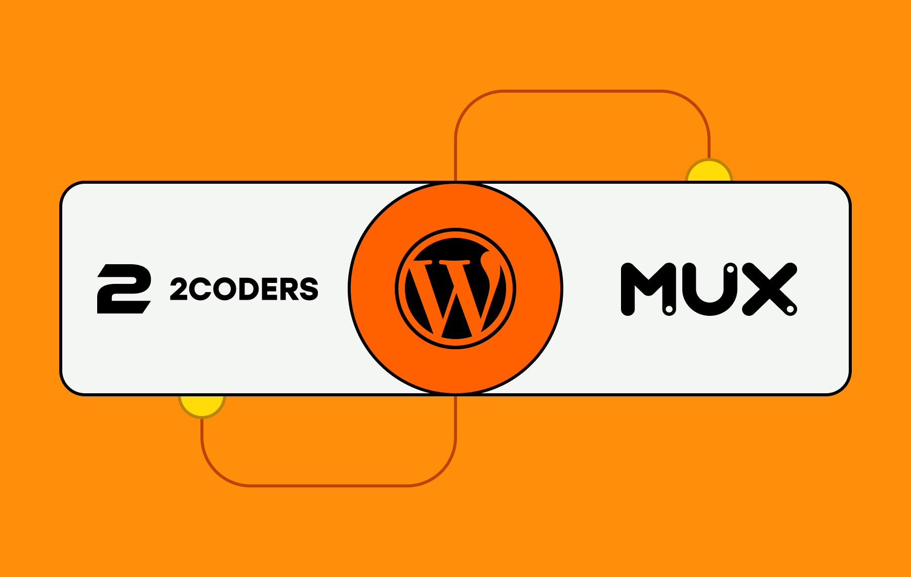 Two coders logo on the left, Wordpress logo in the middle, Mux logo on the right, all on an orange background