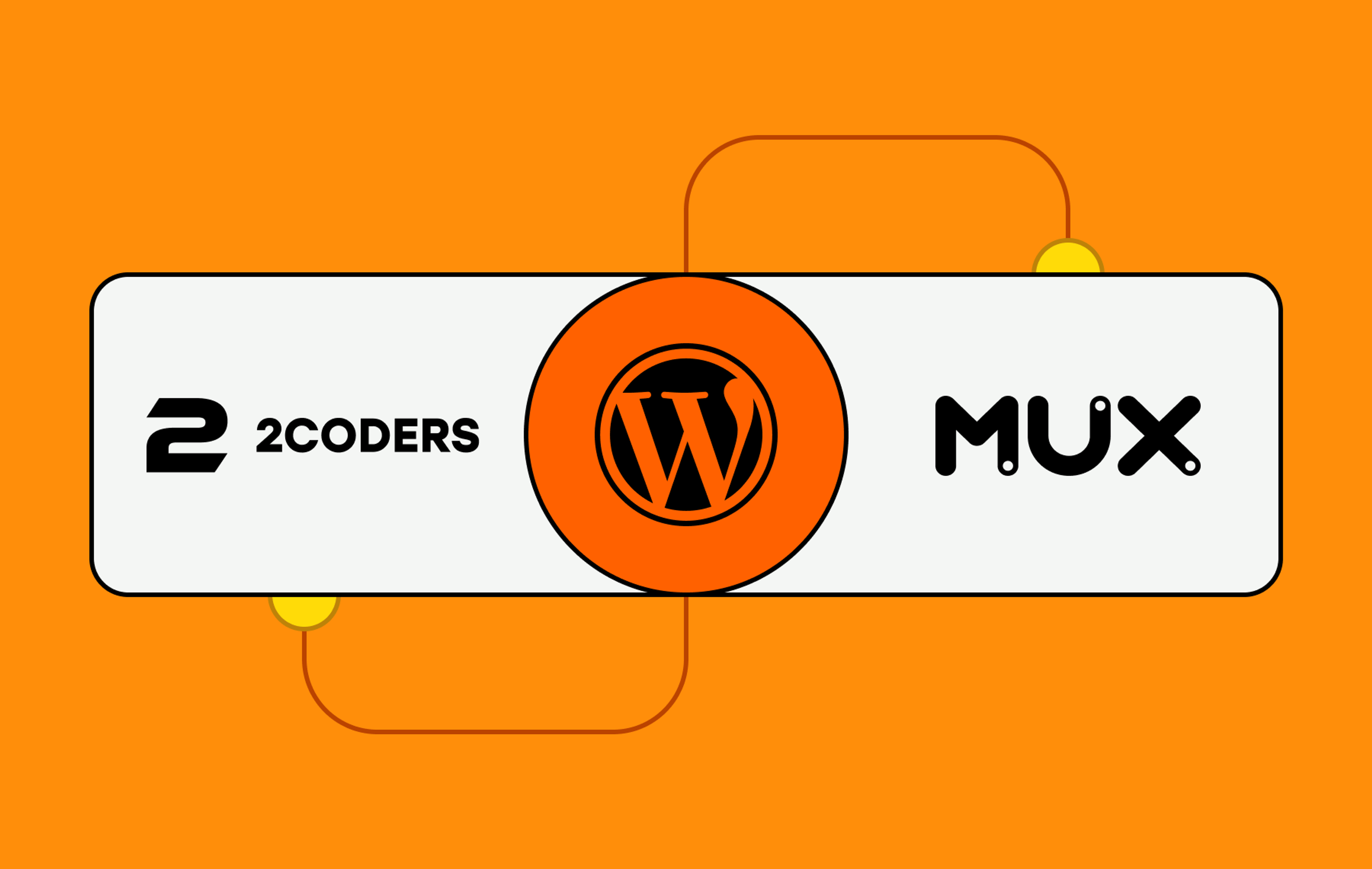 Two coders logo on the left, Wordpress logo in the middle, Mux logo on the right, all on an orange background