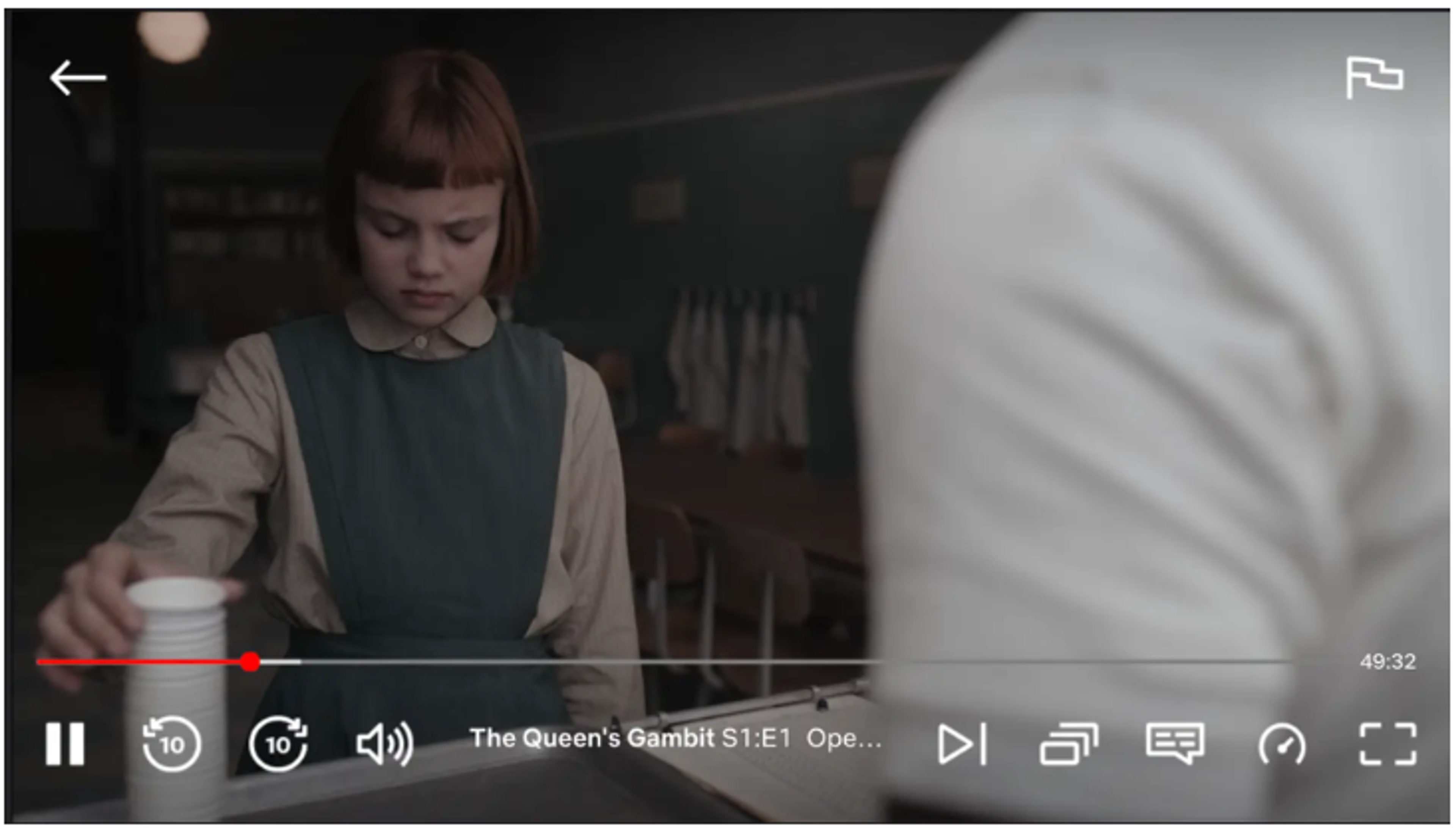 Netflix video player showing Queens Gambit S1:E1