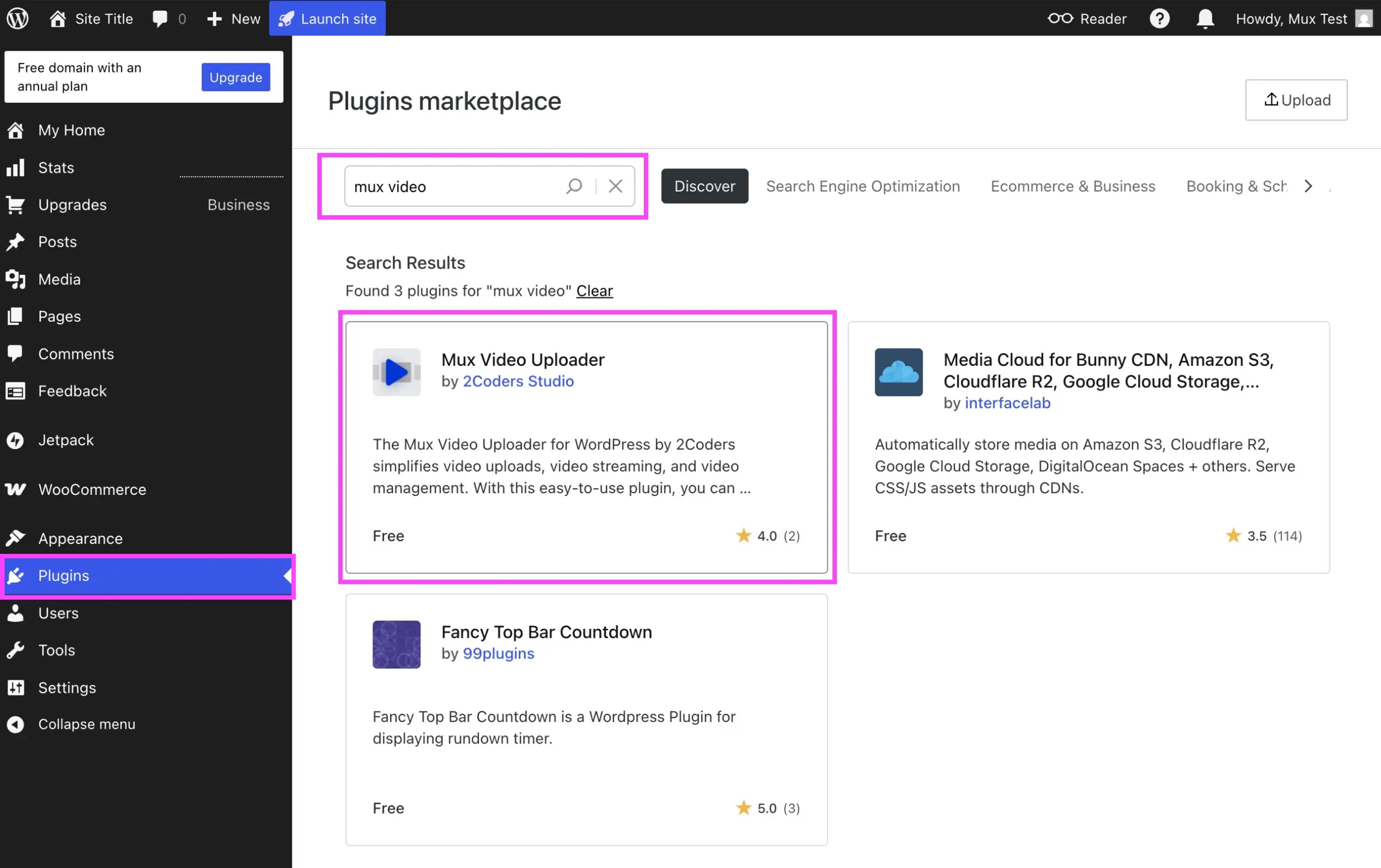Mux Video Player in the Wordpress lugins marketplace