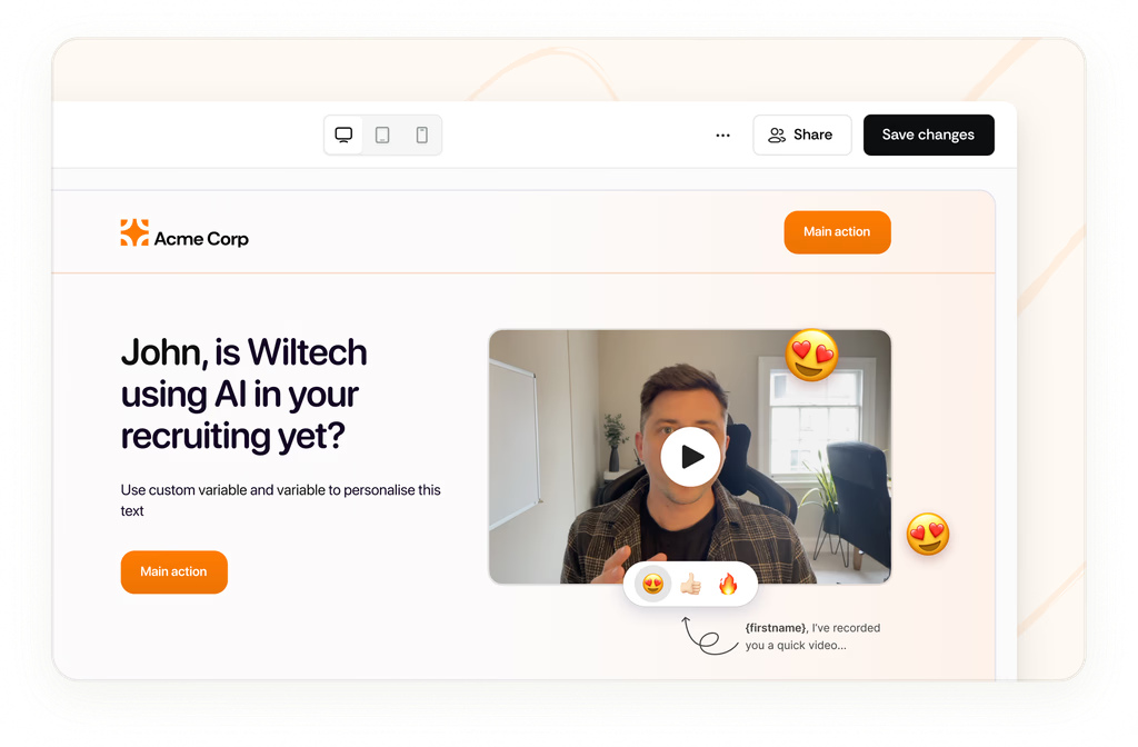 Sales video on the right, left reads "John, is Wiltech using AI in your recruiting yet?"