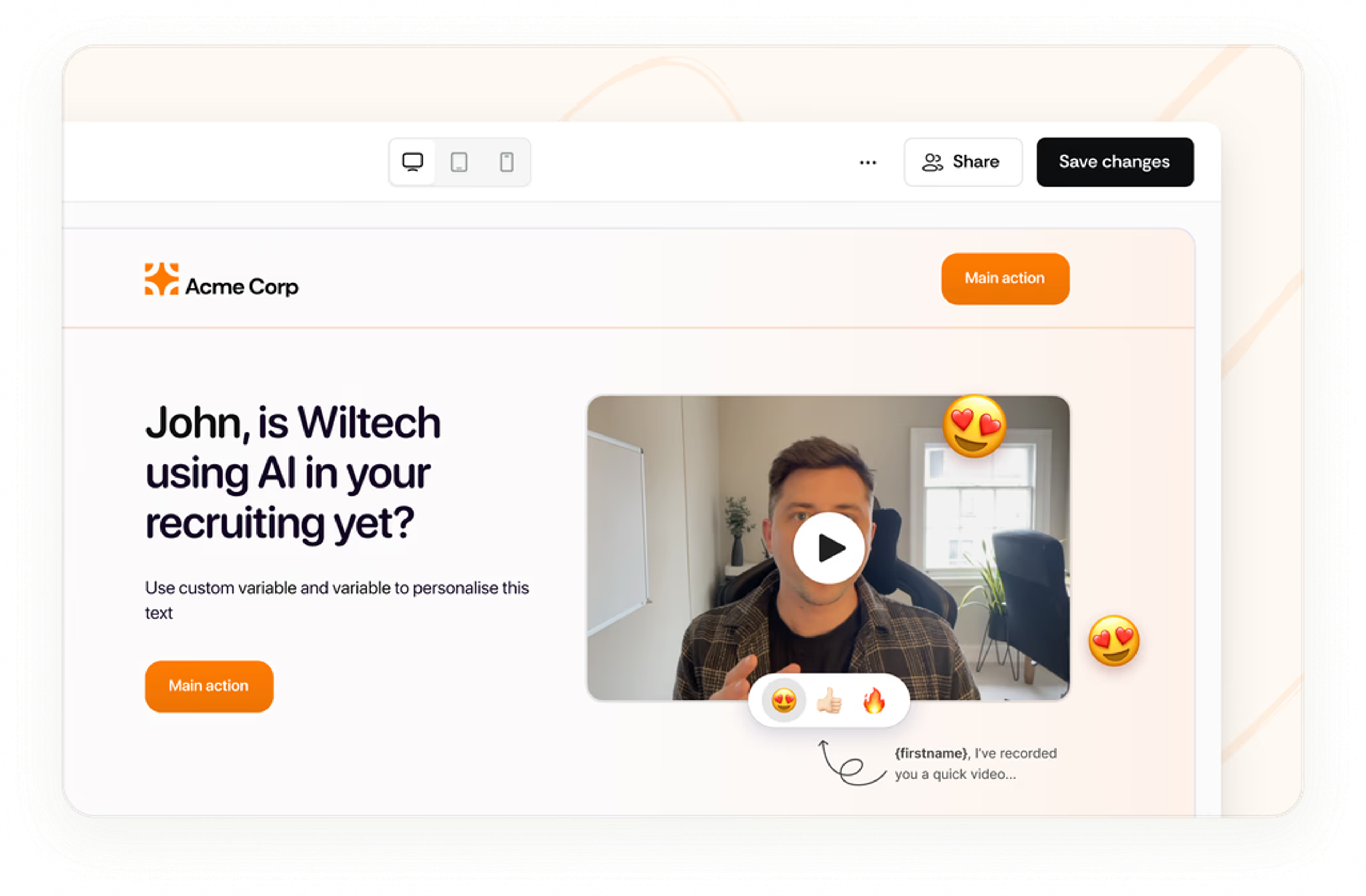 Sales video on the right, left reads "John, is Wiltech using AI in your recruiting yet?"