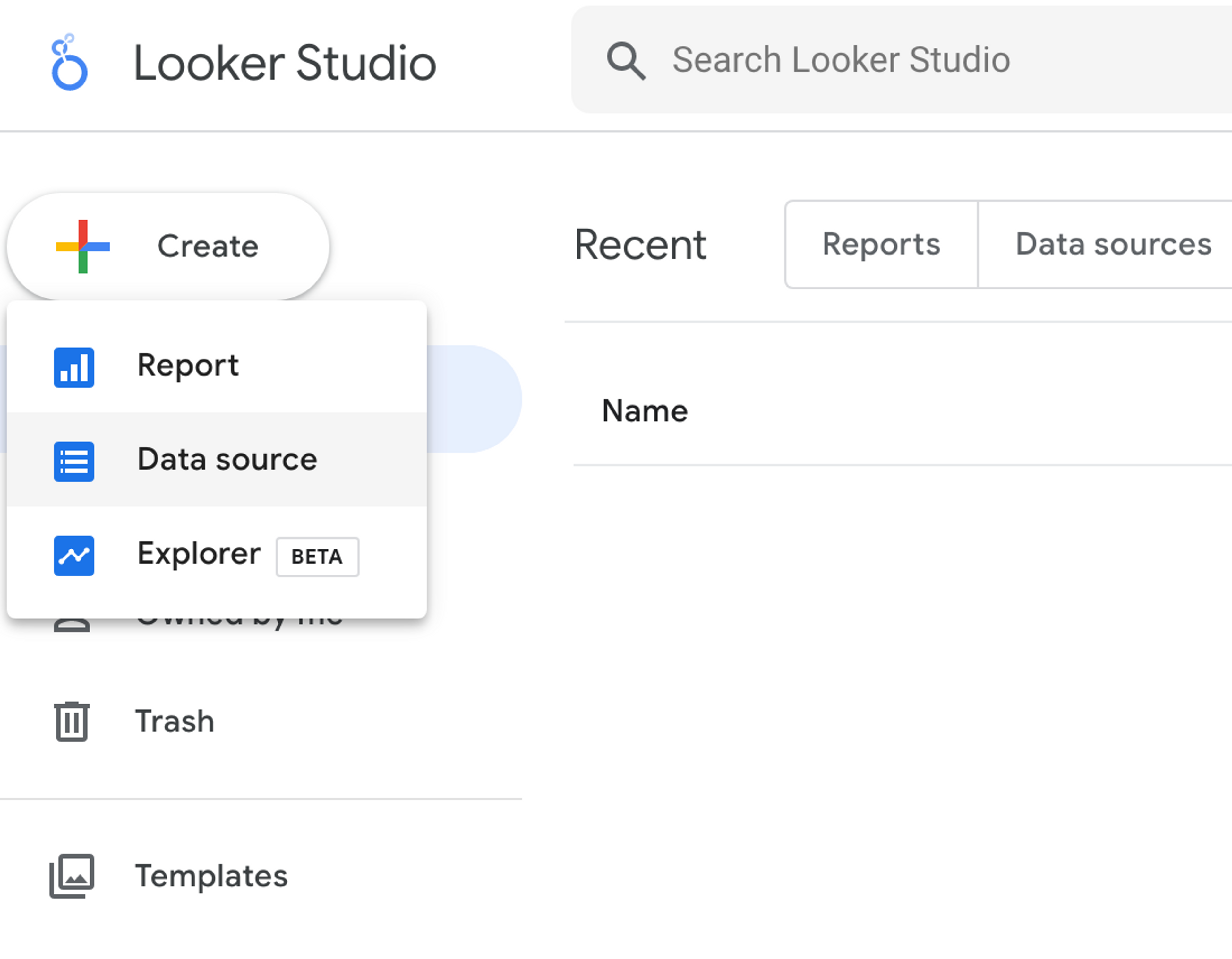 A screenshot of the Looker Studio dashboard. The "Create" button is selected, and a dropdown menu is appearing. The "Data source" dropdown entry is highlighted.