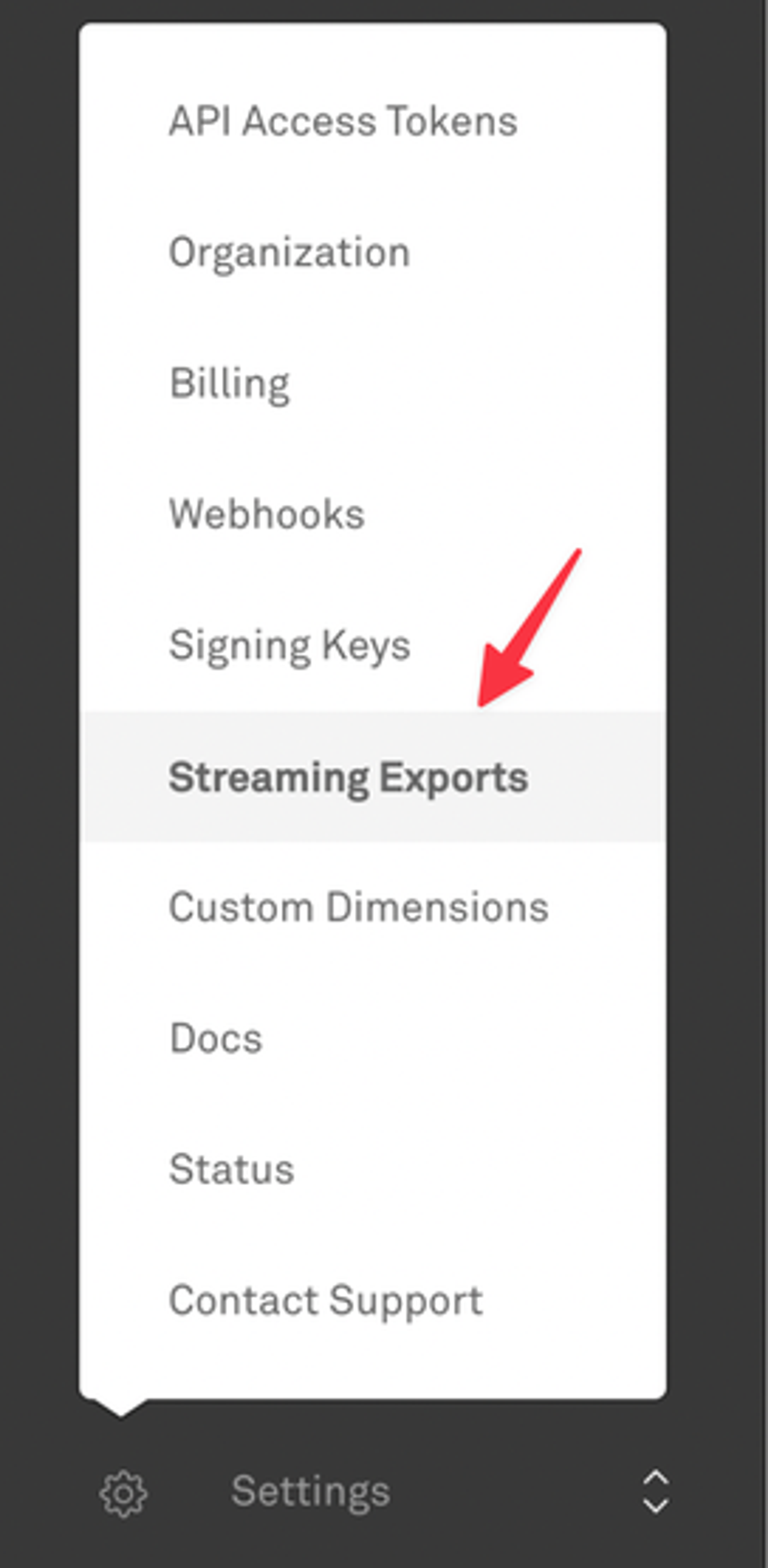 Left-side navigation menu with "Streaming Exports" in focus.