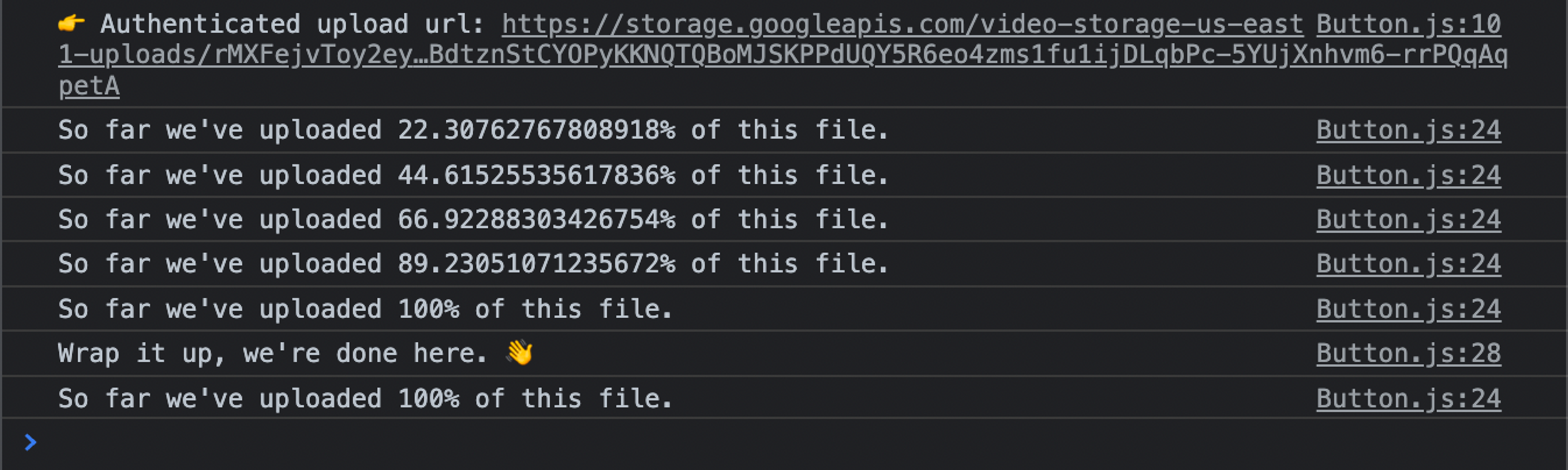 Console.logs in the browser of upload progress with Upchunk.