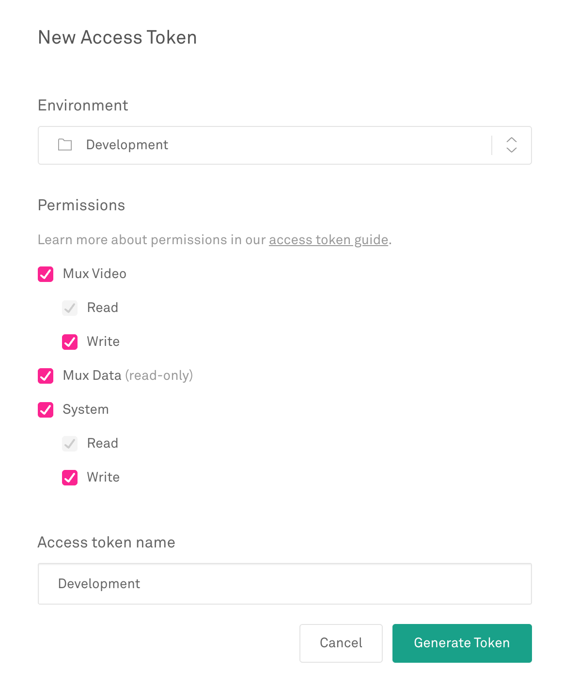 New access token settings with all permissions - Mux Video, Mux Data, and System checked