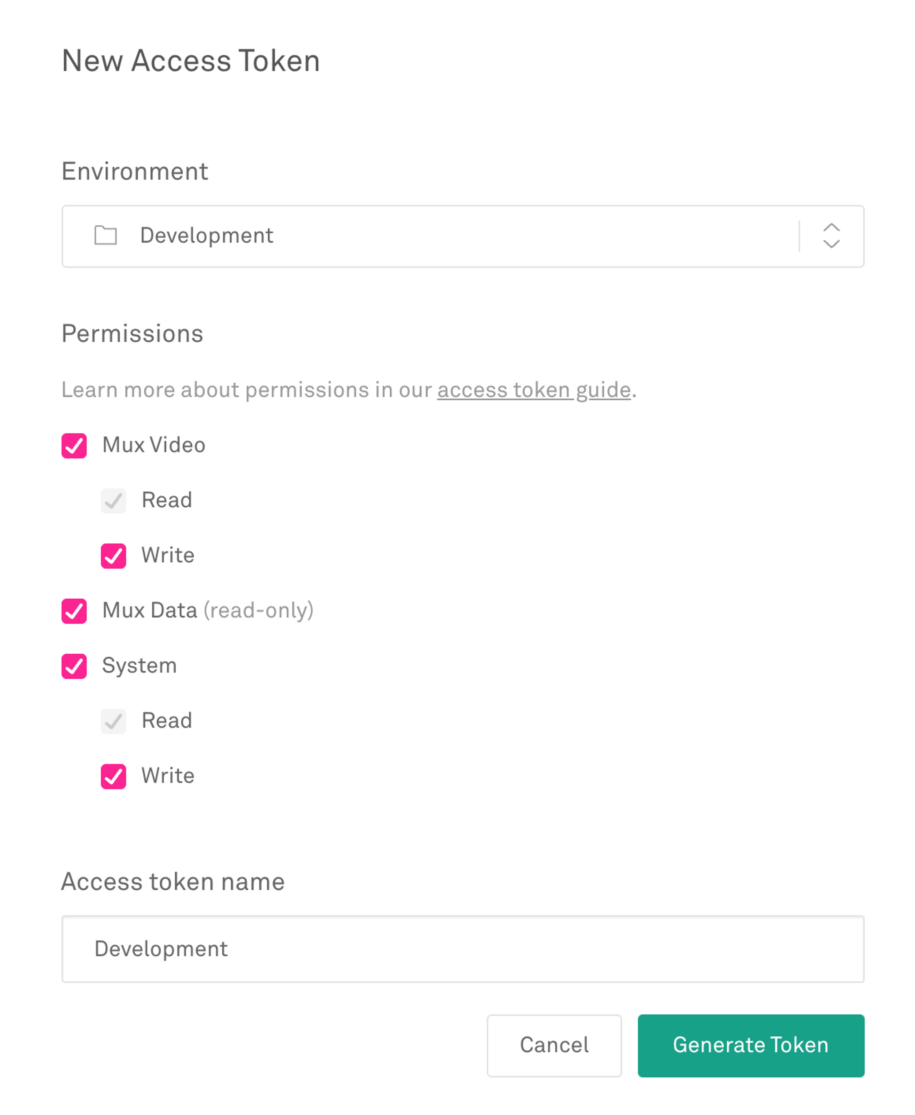 New access token settings with all permissions - Mux Video, Mux Data, and System checked