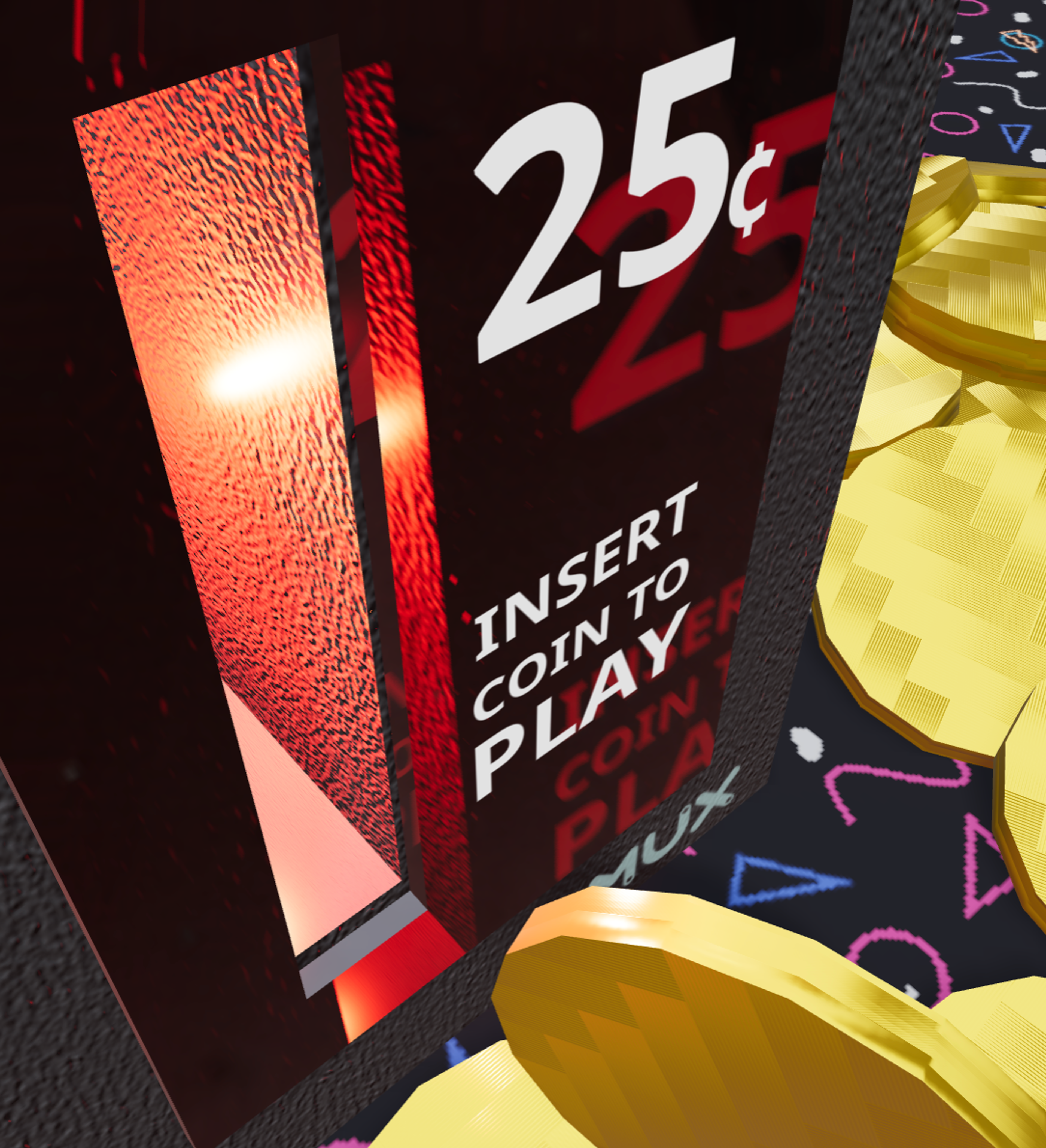 A close-up angled view of a glowing arcade coin slot shows the red-lit interior and bold white text reading “25¢ INSERT COIN TO PLAY.” Gold coins lie scattered at the base, and the Mux logo is subtly engraved below the slot on a textured black surface, all set against a vibrant, retro-patterned floor.