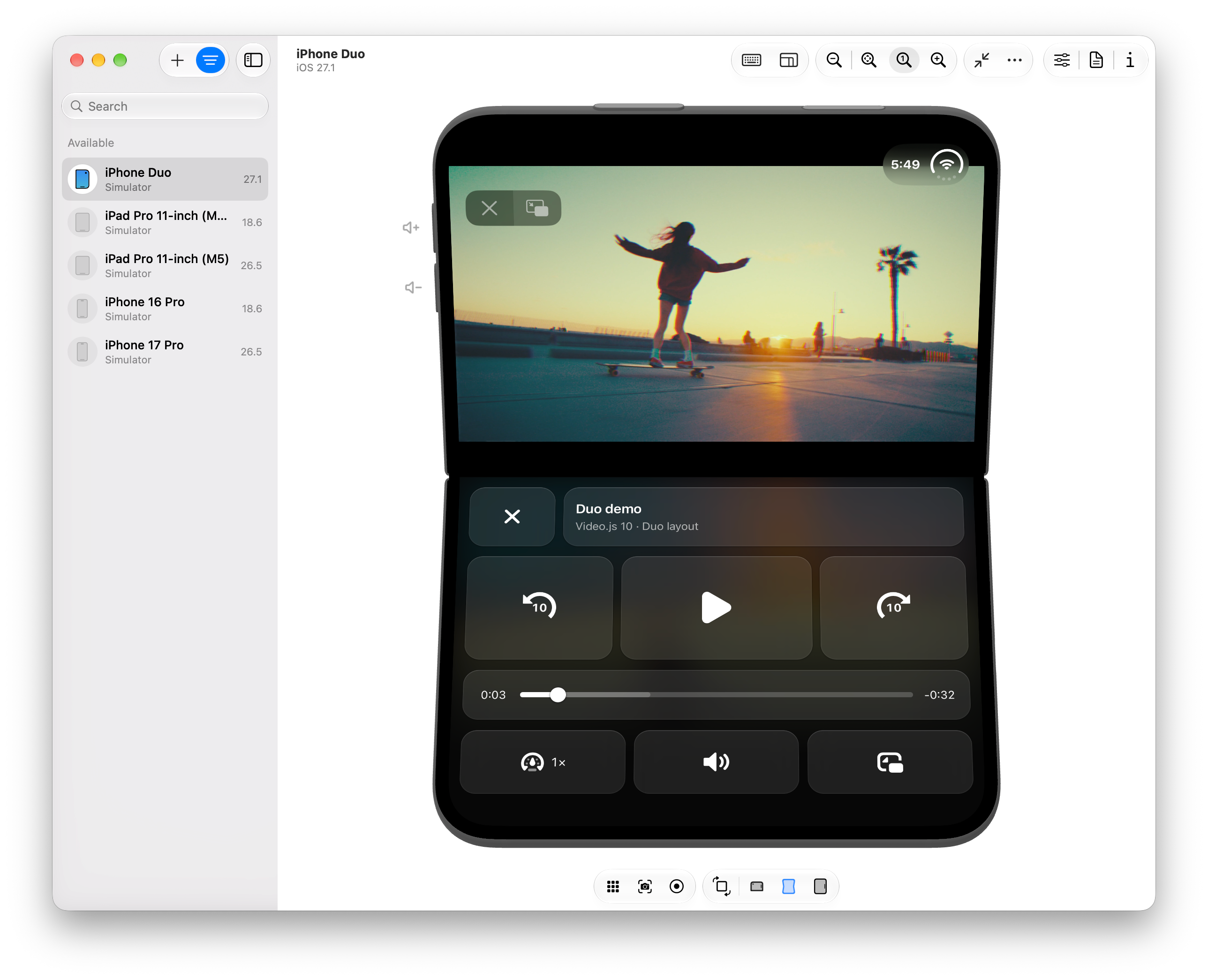 The same Video.js Duo layout with a blurred, mirrored reflection of the video glowing behind the bottom controls