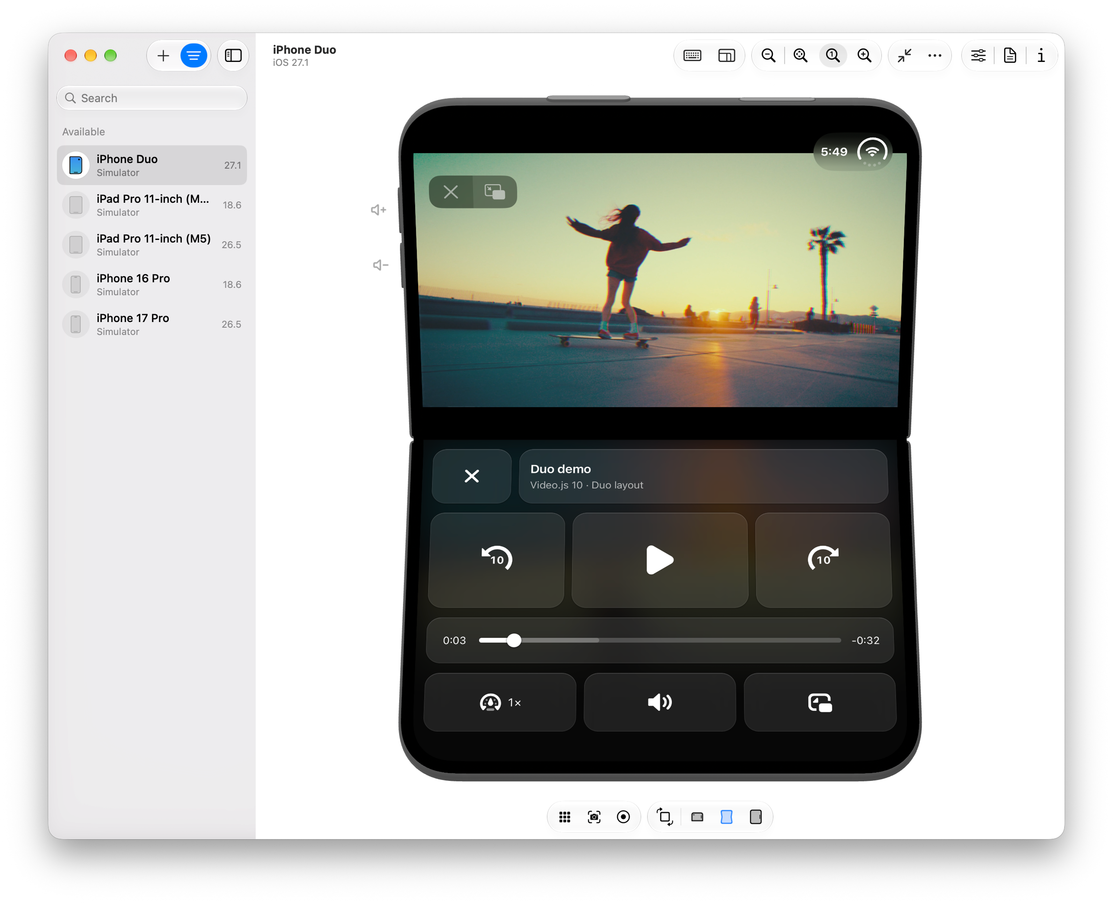 The same Video.js Duo layout with a blurred, mirrored reflection of the video glowing behind the bottom controls