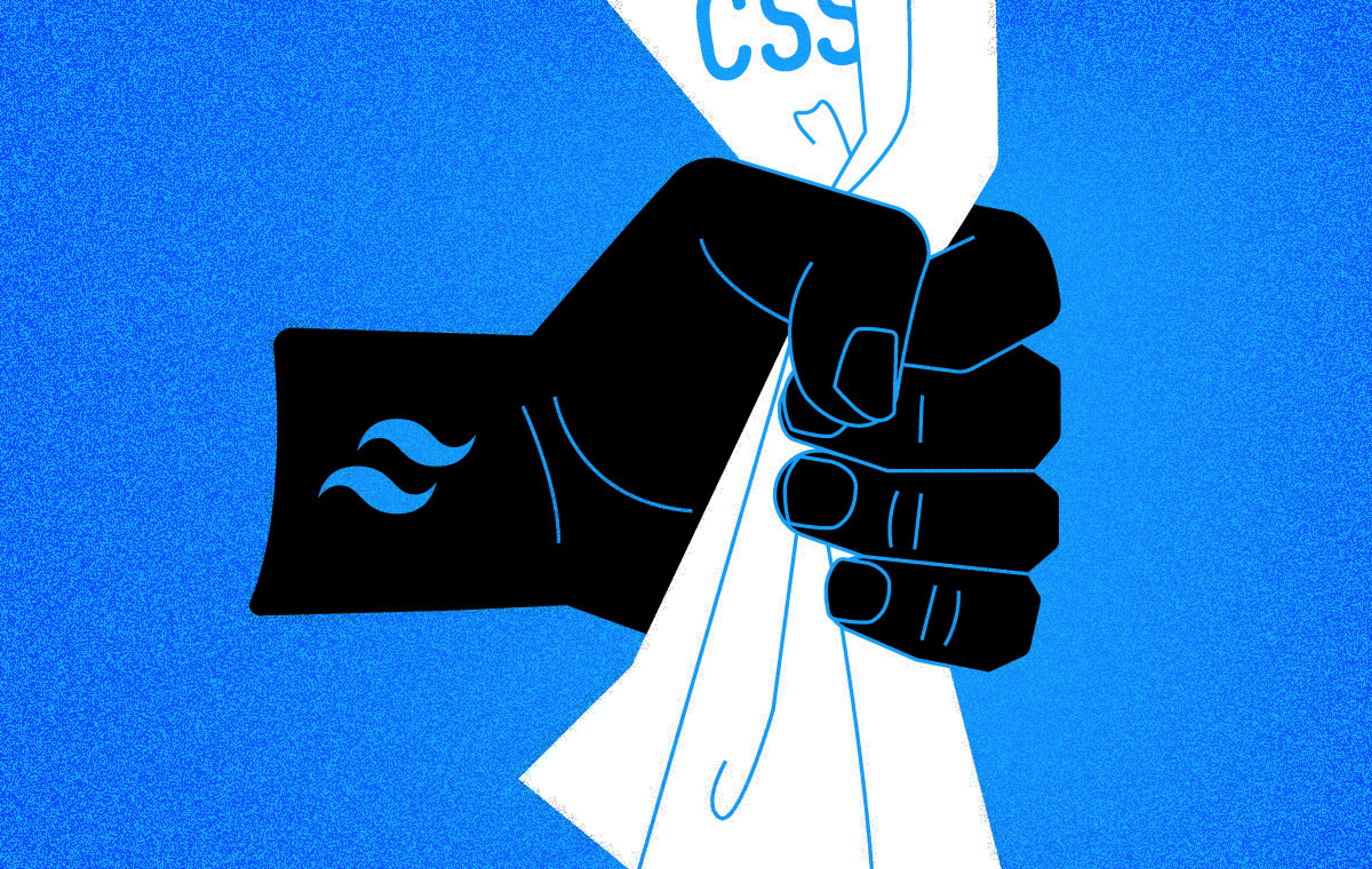 A hand with a Tailwind logo, crumpling a paper with "CSS" written on it