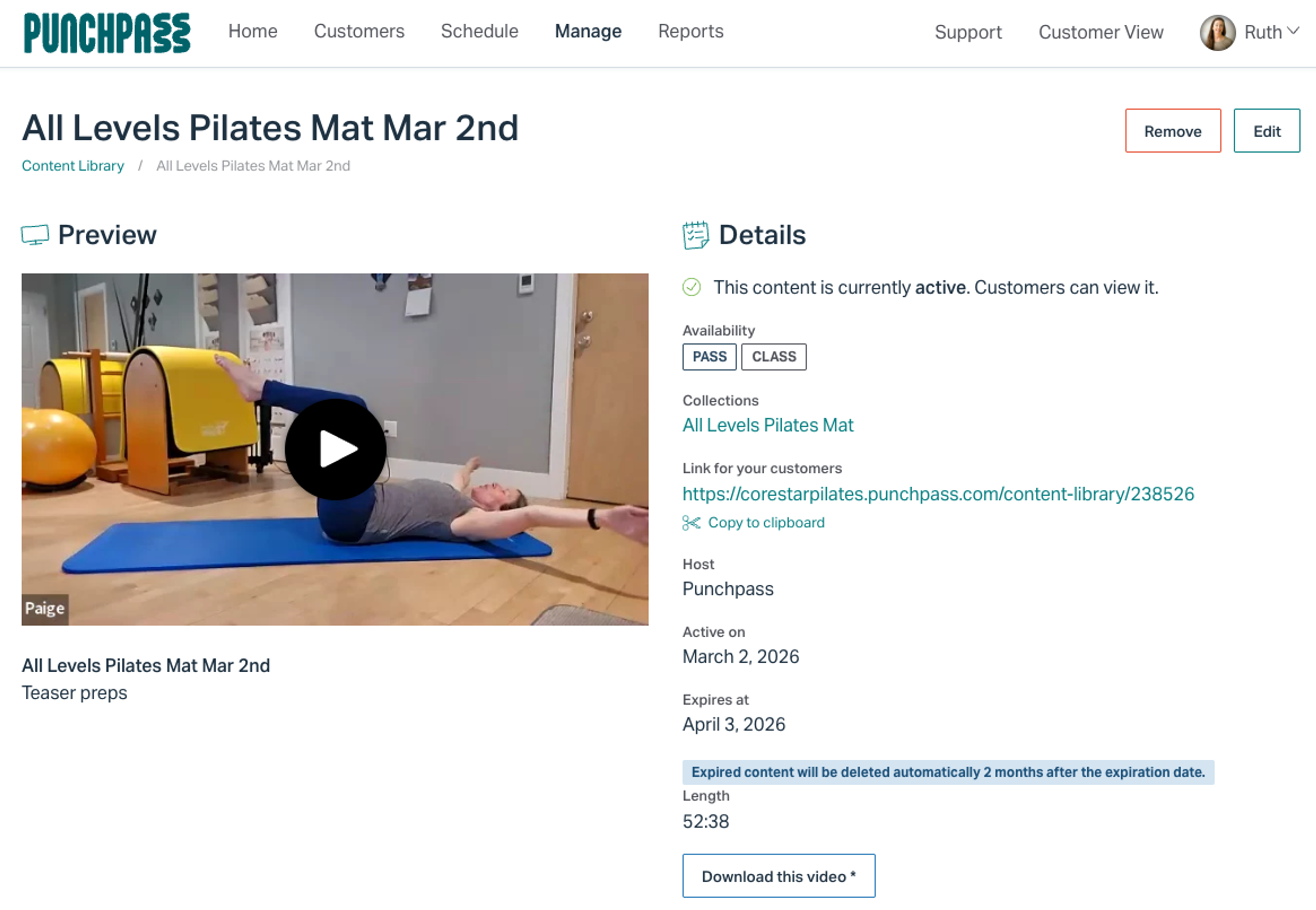 Pilates video on the left with video details on the right