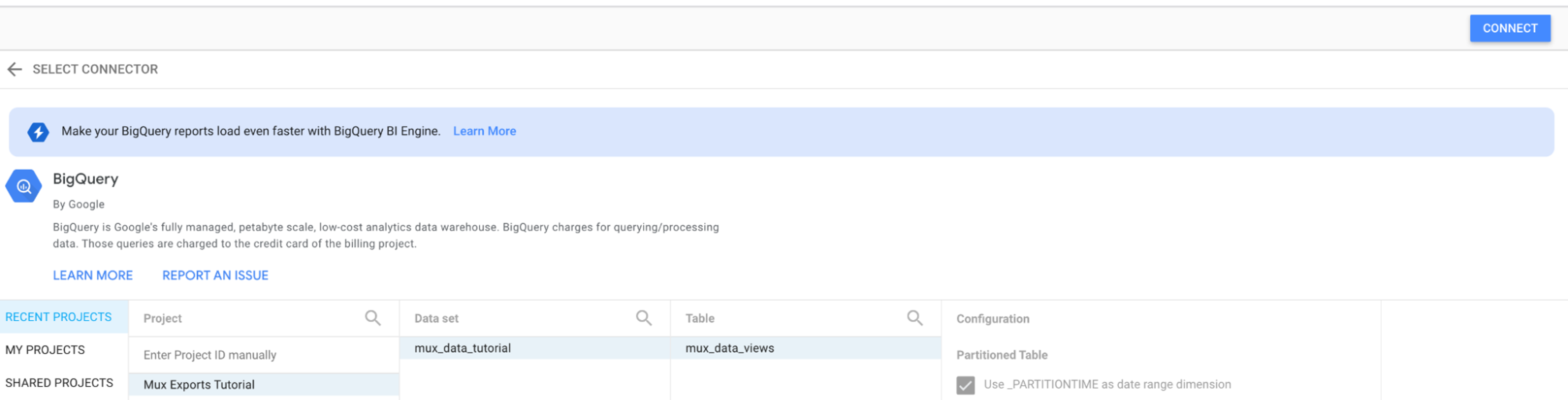 A screenshot of the BigQuery connector settings. The example table we created in BigQuery earlier in this article is shown as selected.