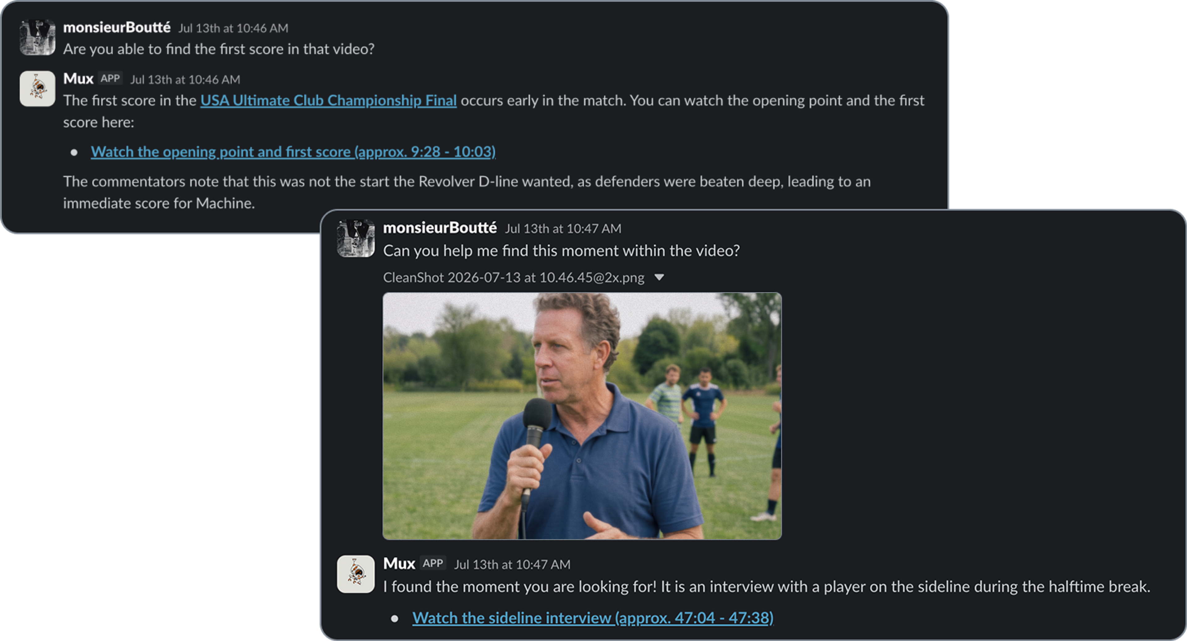 Slack thread where a user asks the Mux app to find the first score in a video; the app replies with a timestamped link to the opening point, then identifies a screenshot the user uploads as a sideline interview and links to that moment at 47:04.