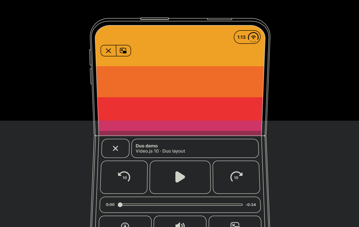 A partially-folded iPhone Duo with Video.js controls on the bottom half