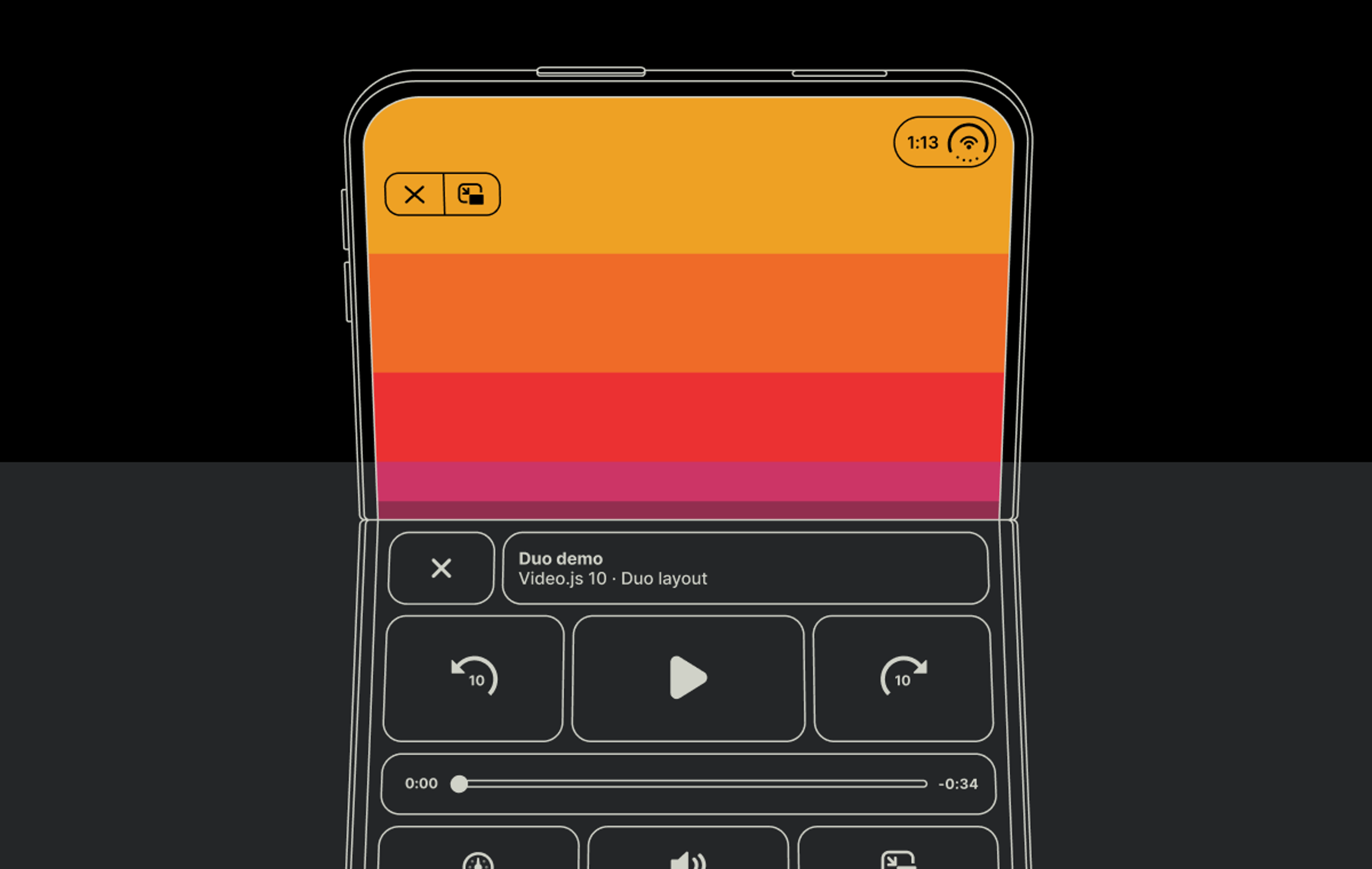 A partially-folded iPhone Duo with Video.js controls on the bottom half