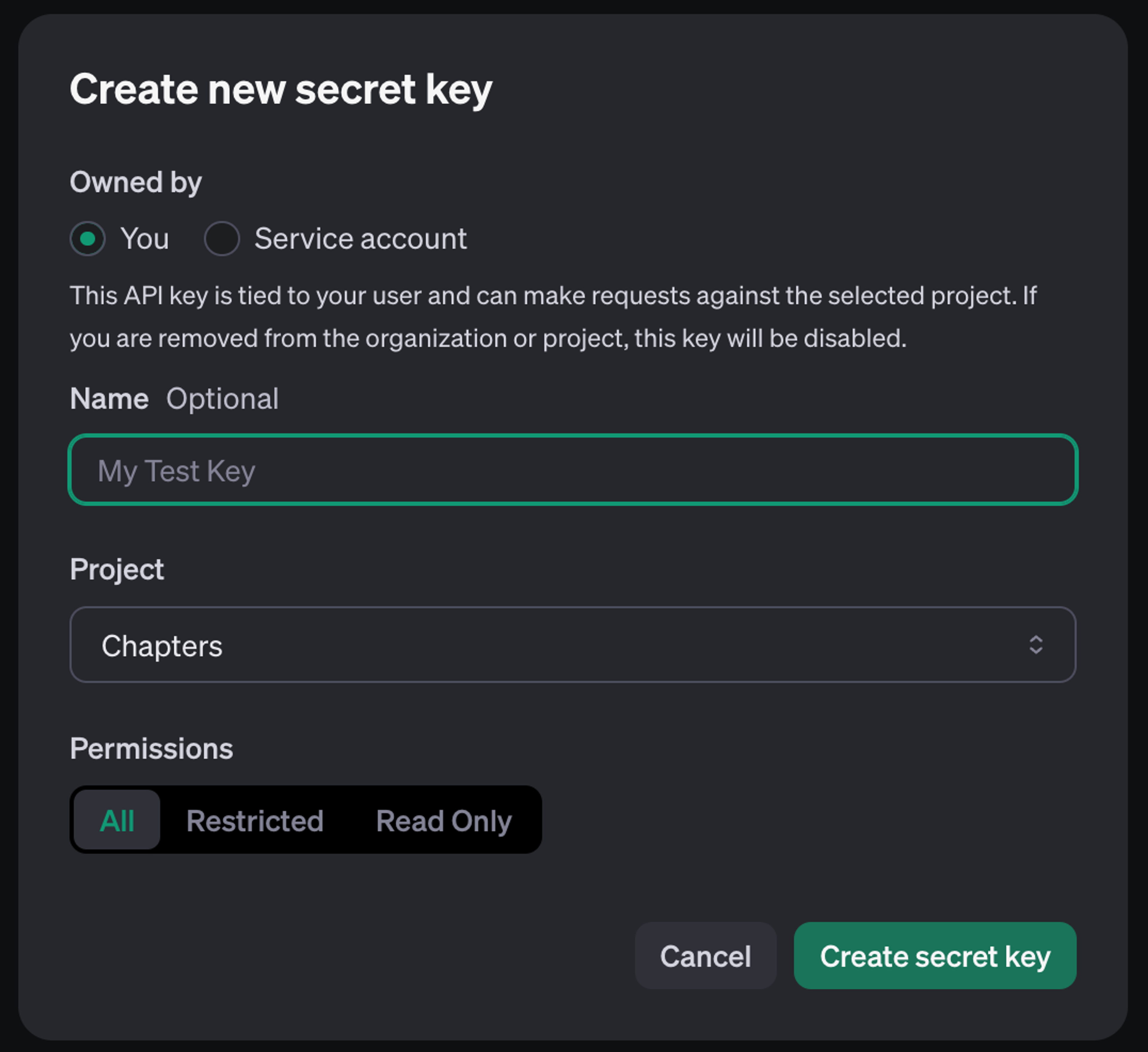 Screenshot of where you create a new secret key in OpenAI