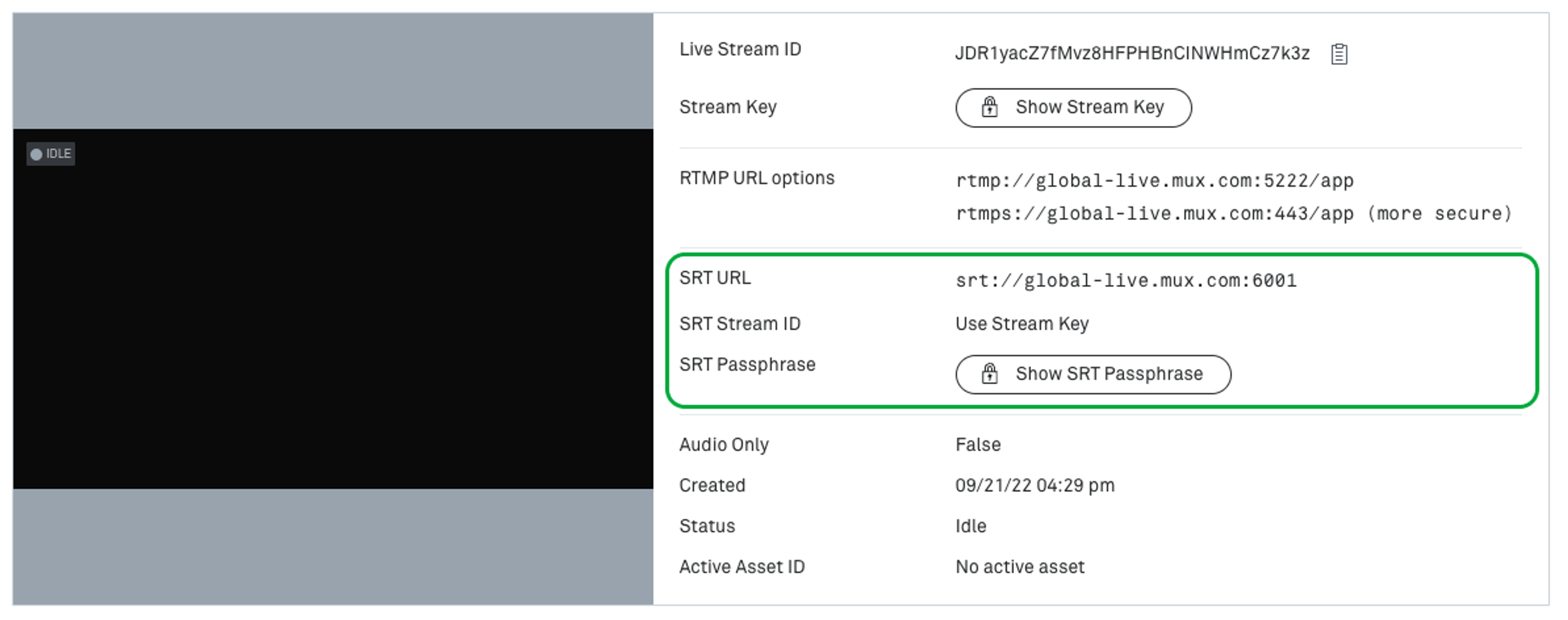 Screenshot of the SRT information in the Mux dashboard