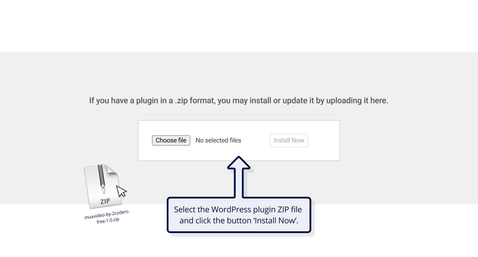 Screenshot showing how to upload the Mux WordPress plugin by 2coders to a WordPress site