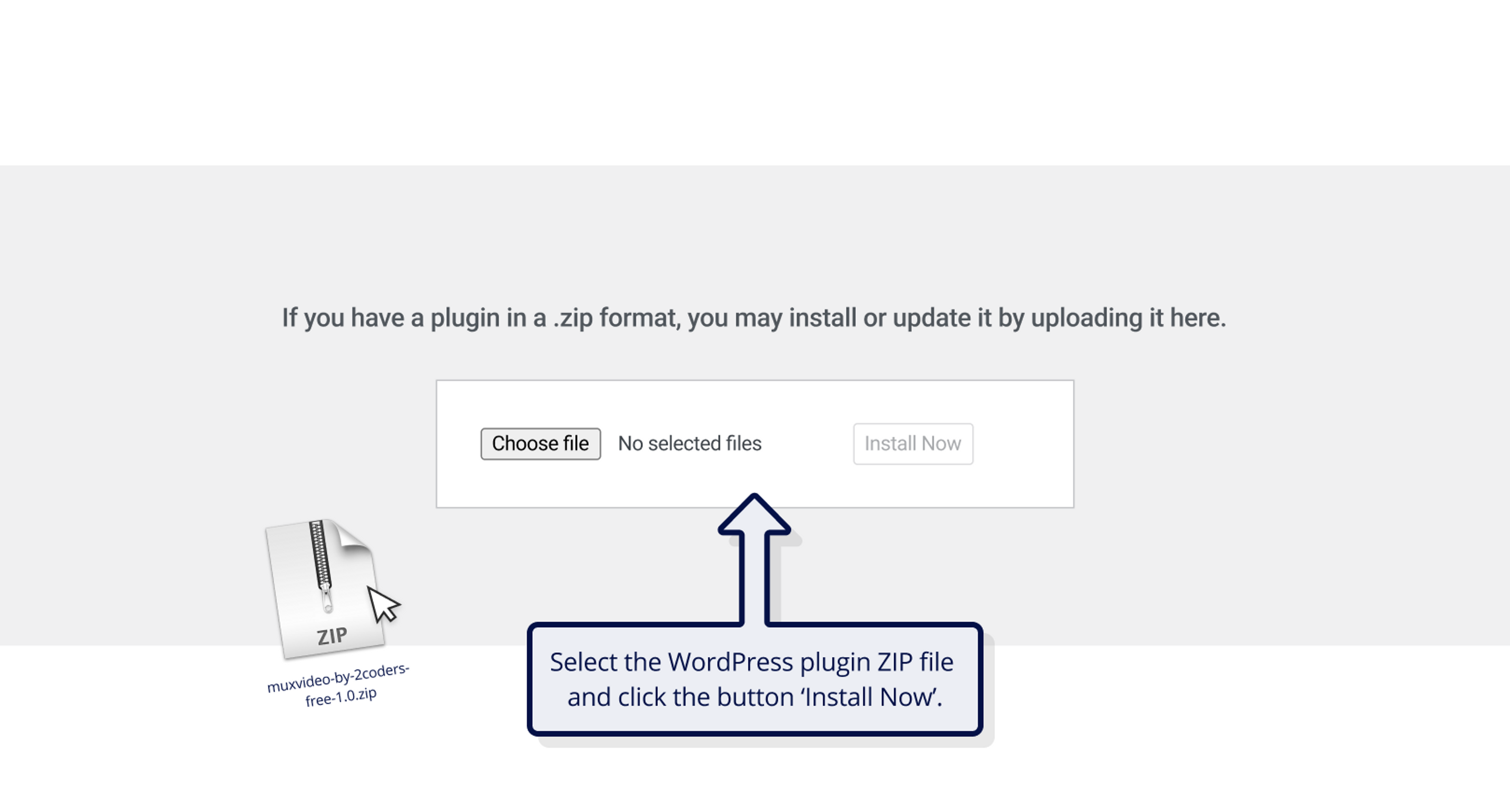 Screenshot showing how to upload the Mux WordPress plugin by 2coders to a WordPress site