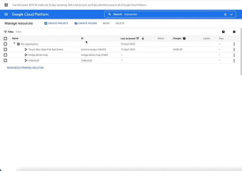 Screen recording of project creation from the resources page.