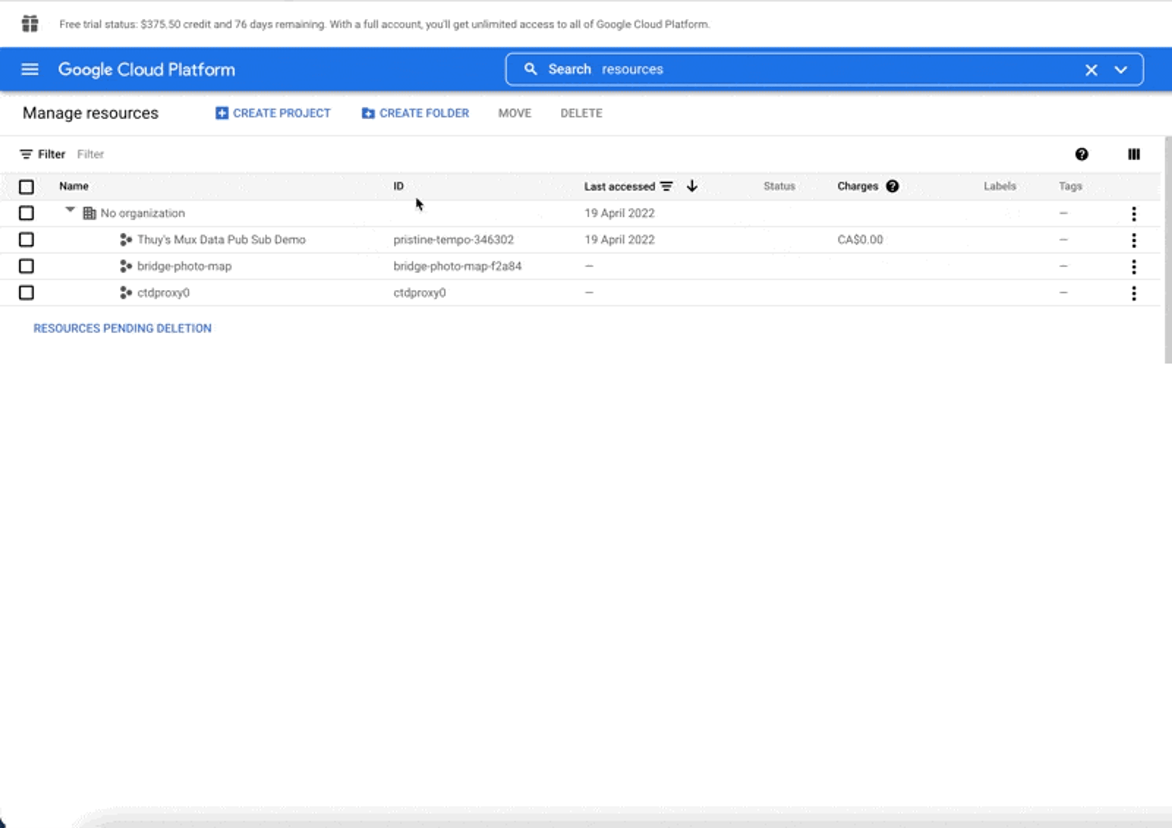 Screen recording of project creation from the resources page.