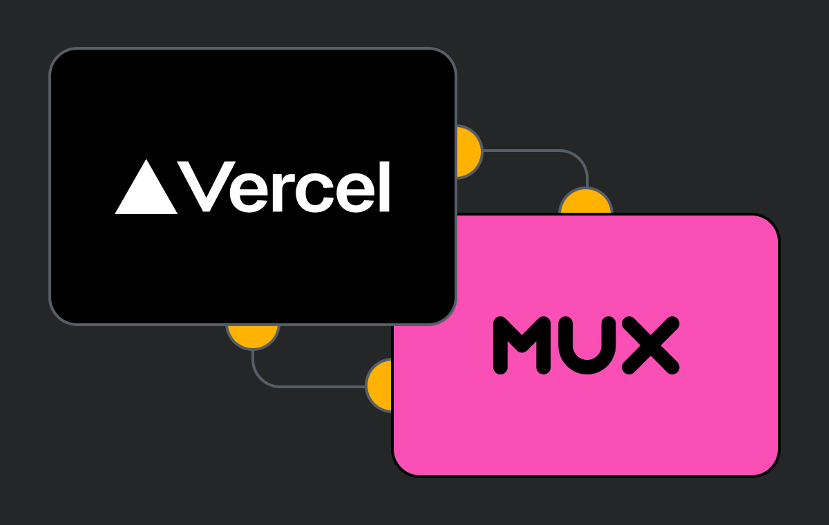 The Vercel logo in white on black and the Mux logo in black on pink, shown as two overlapping cards connected by wires and nodes.