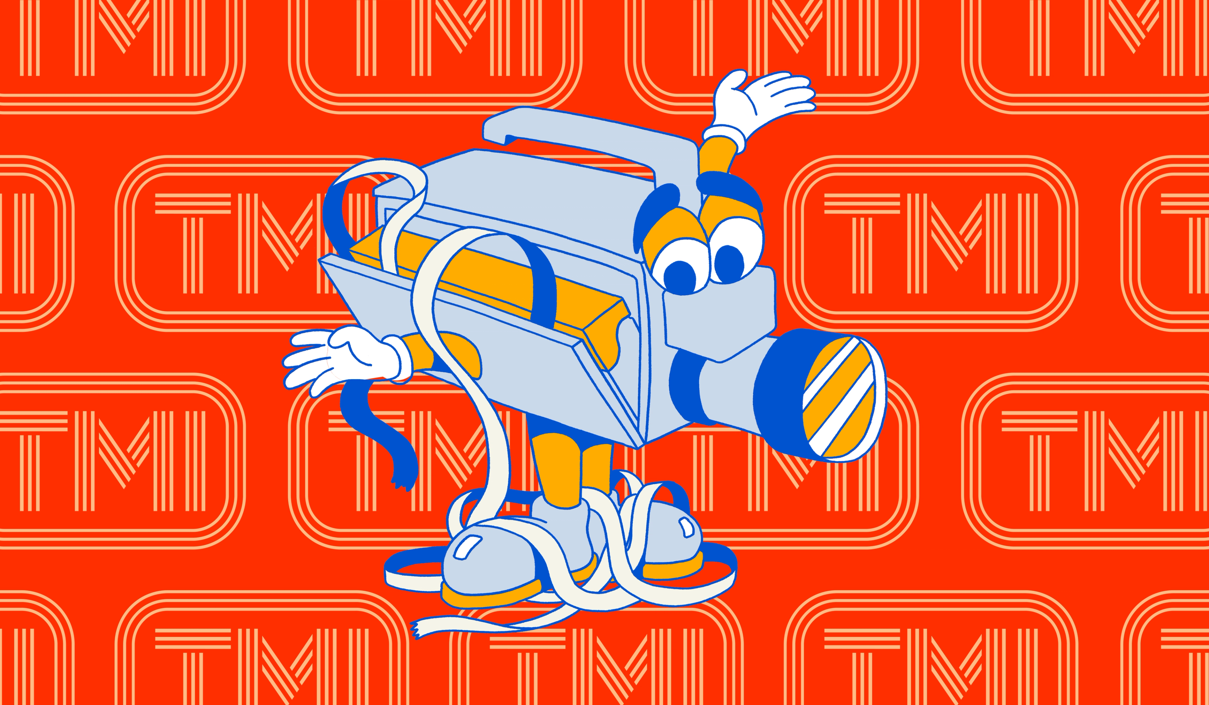 A very classy looking anthropomorphic video tape recorder with tape coming out.