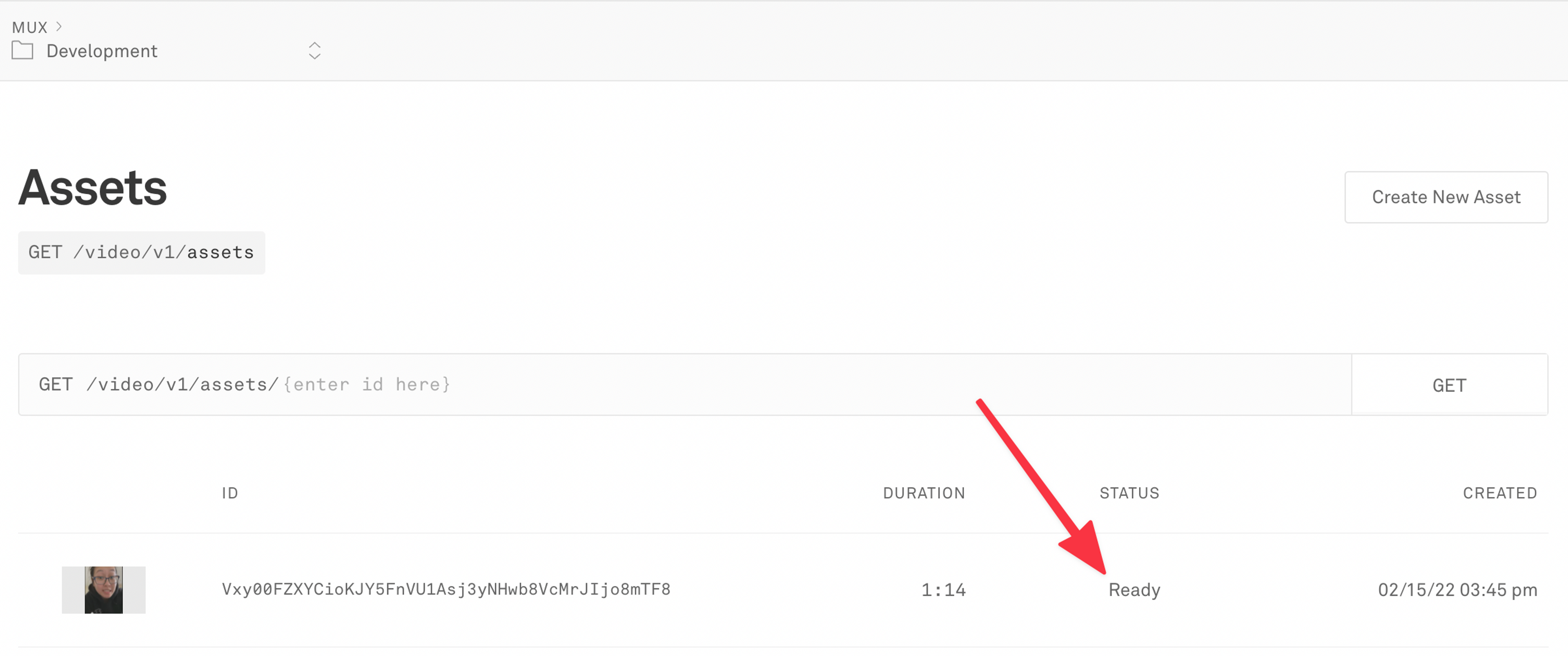 A list of Mux video assets with the topmost one having a status of "Ready".