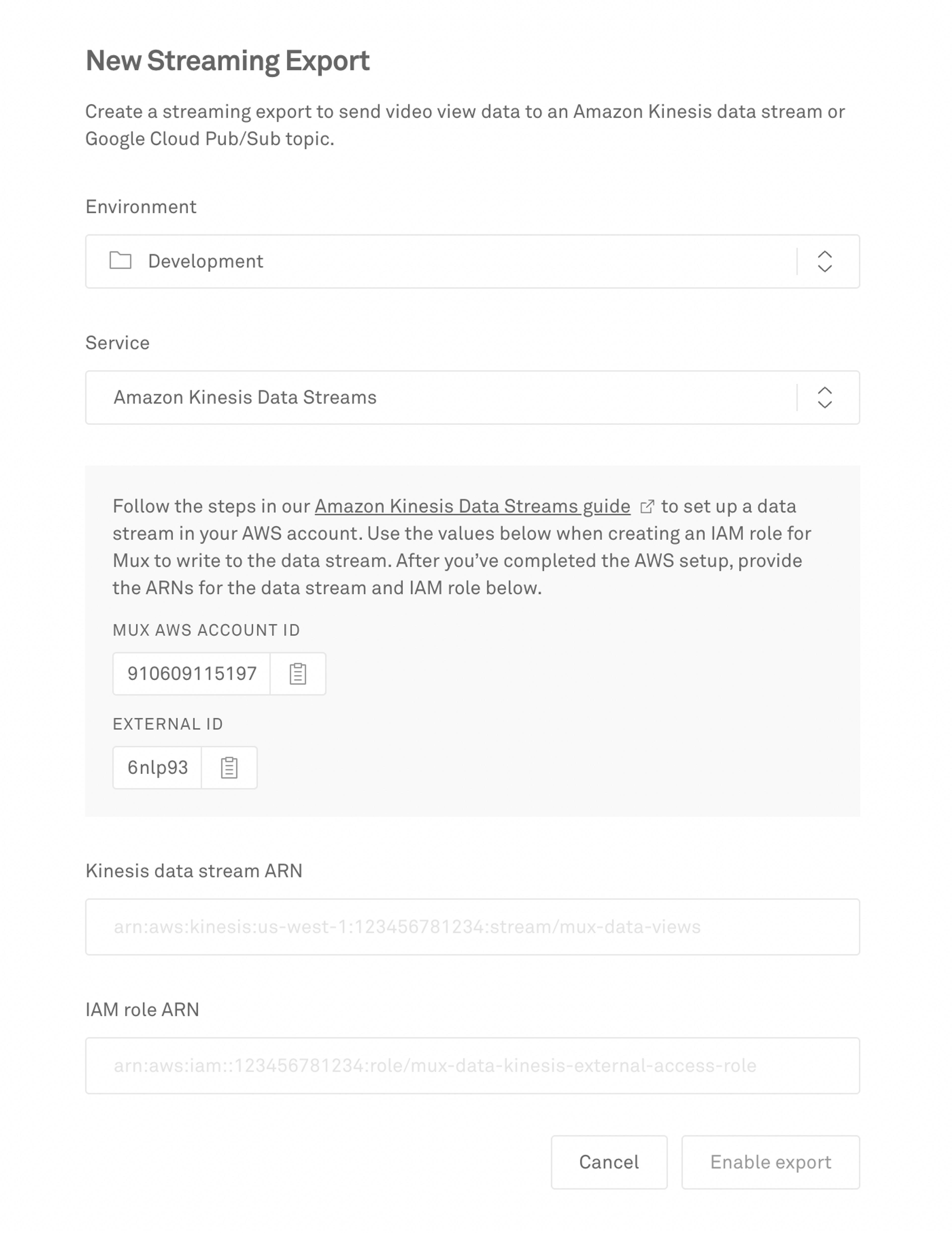 A screenshot of the Mux admin dashboard showing the settings for creating a new streaming export