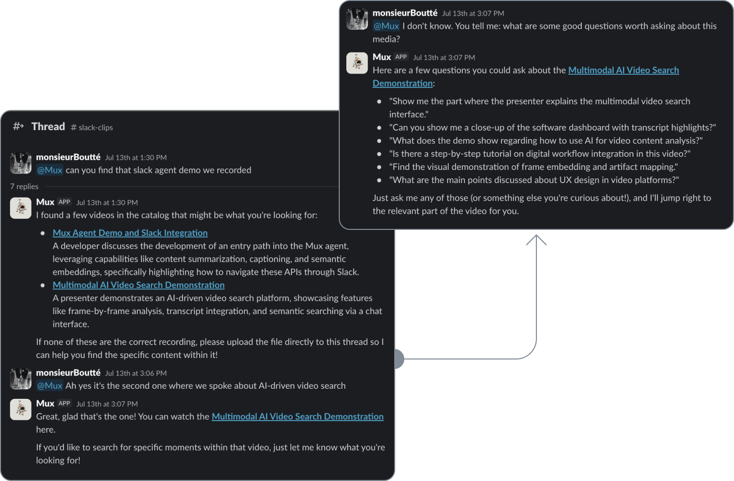 Slack thread where a user asks the Mux app to find a recorded demo; the app lists two matching videos with summaries, confirms the right one, then suggests example questions the user could ask to jump to specific moments in the video.