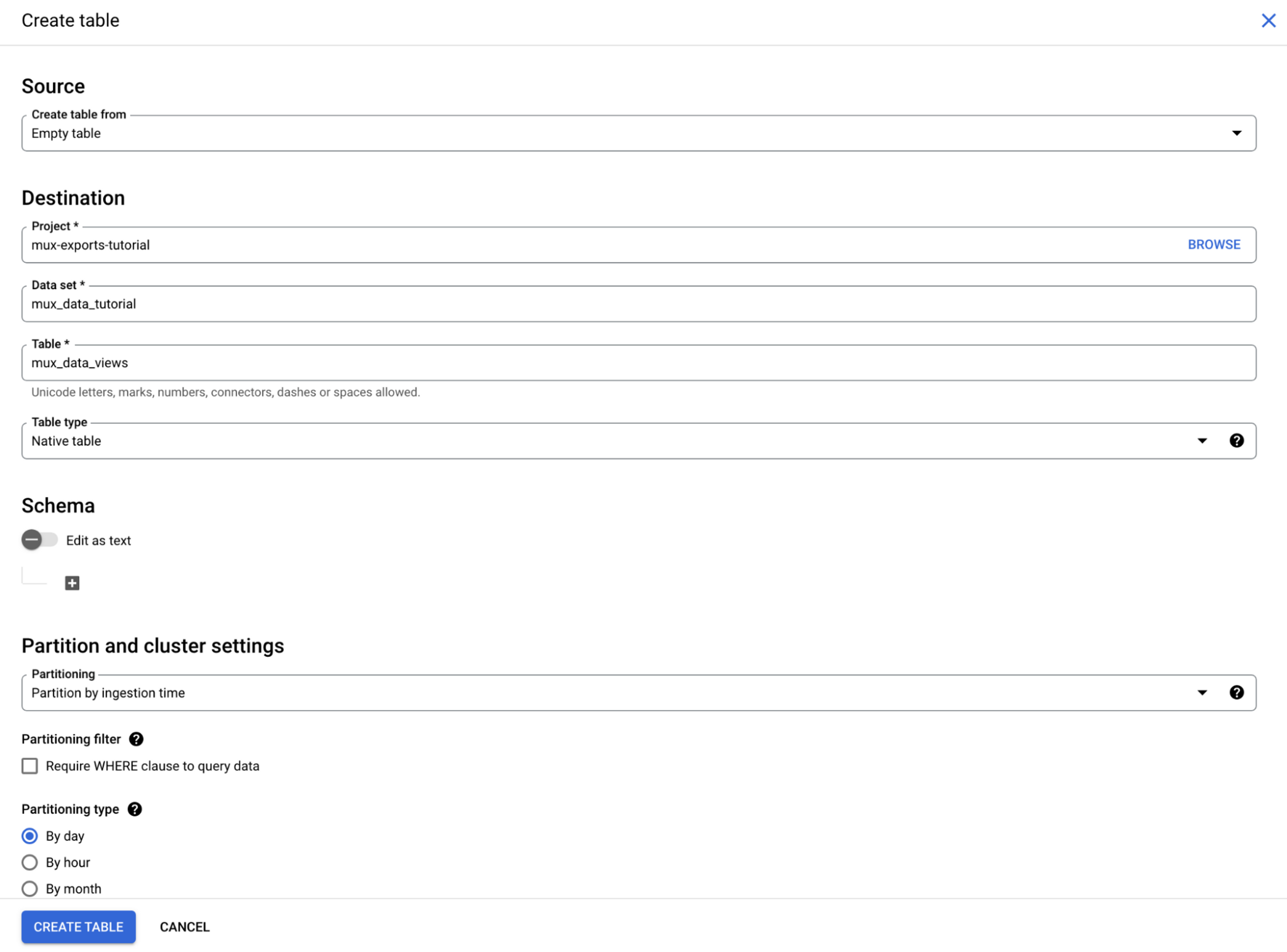 A screenshot of the "Create table" form prefilled with the values described above.