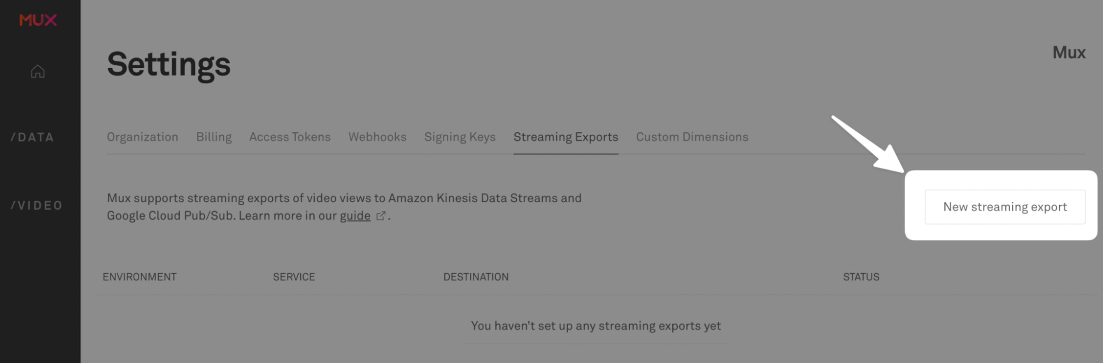 A screenshot of the Mux admin dashboard with the New streaming export button highlight