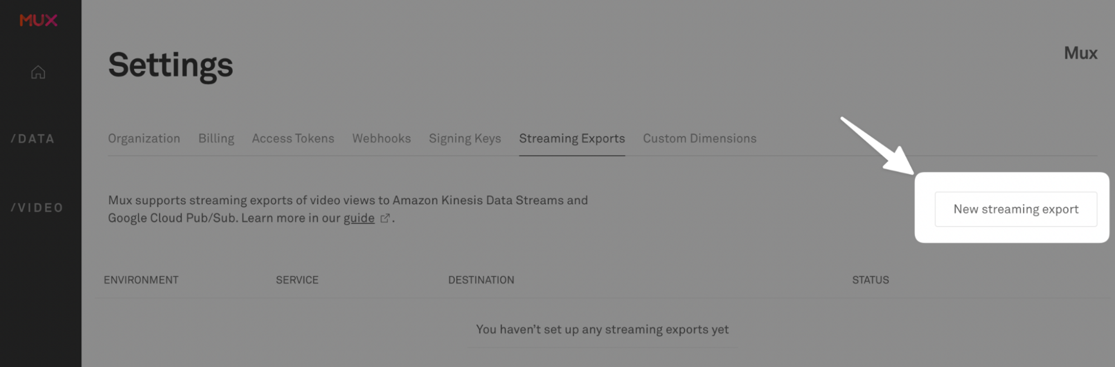 A screenshot of the Mux admin dashboard with the New streaming export button highlight