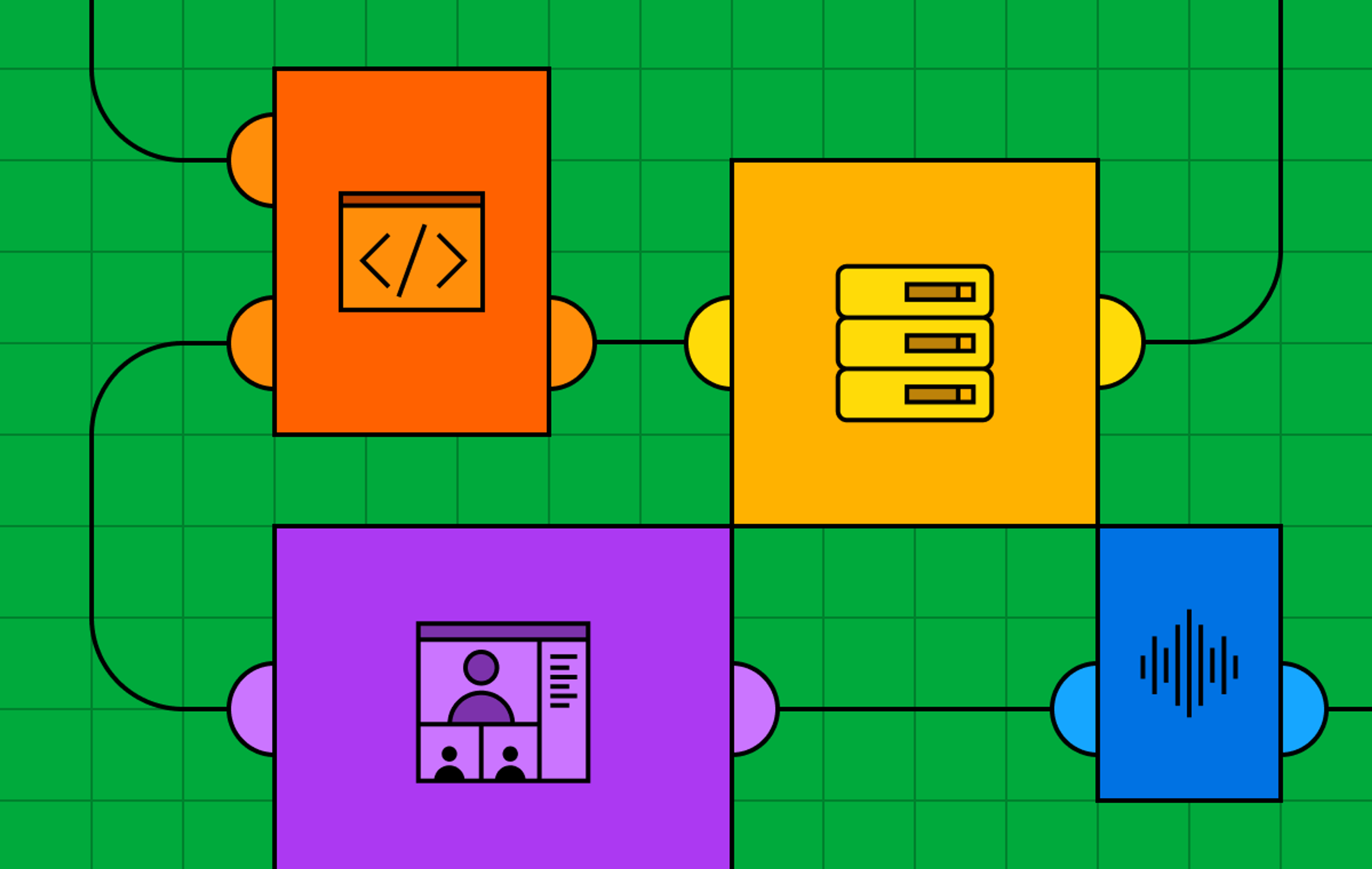 On a green background with a grid, 4 symbols representing code, servers, audio, and website are connected by lines